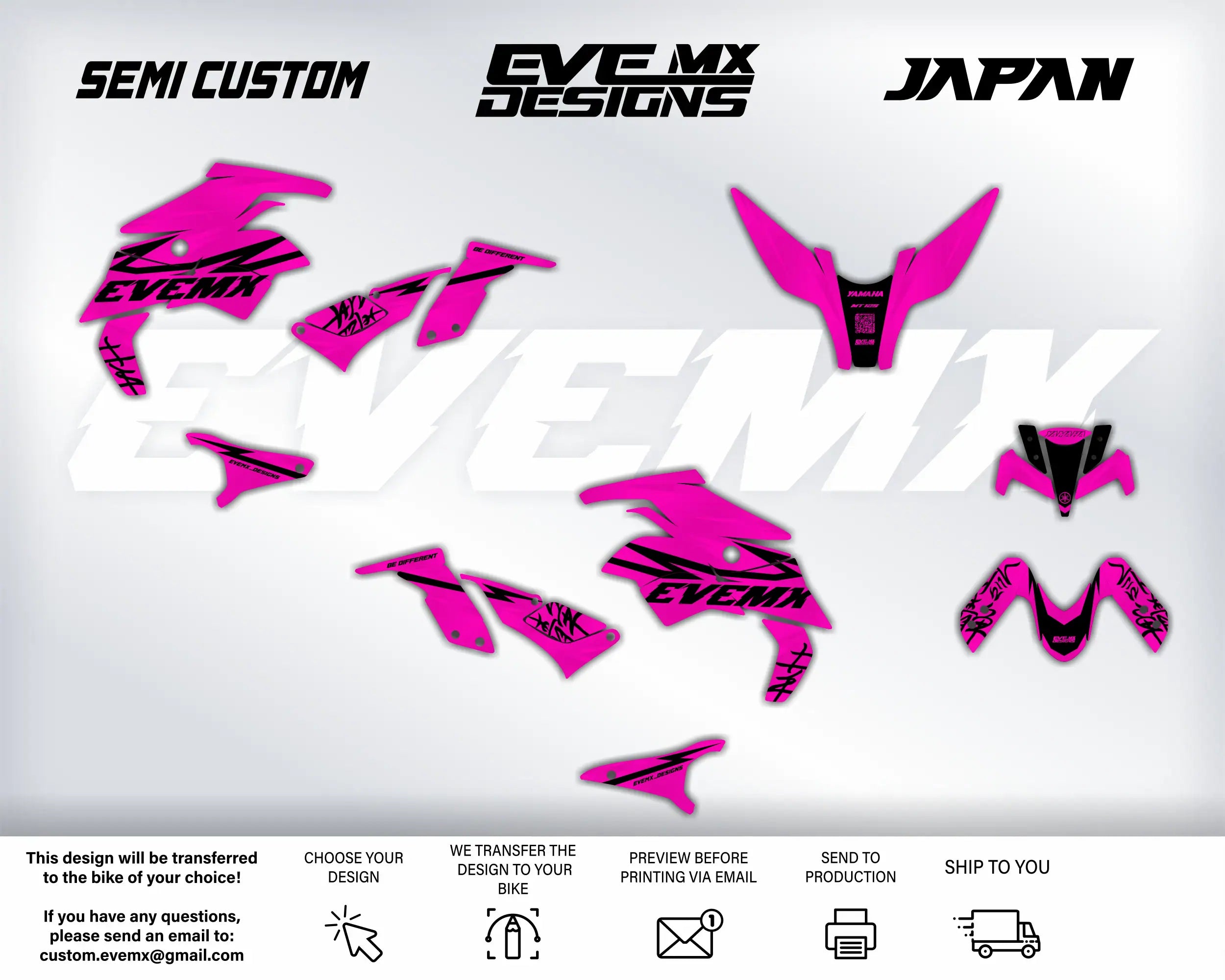 Pink and black graphics with 'EveMX Designs' branding on a white background