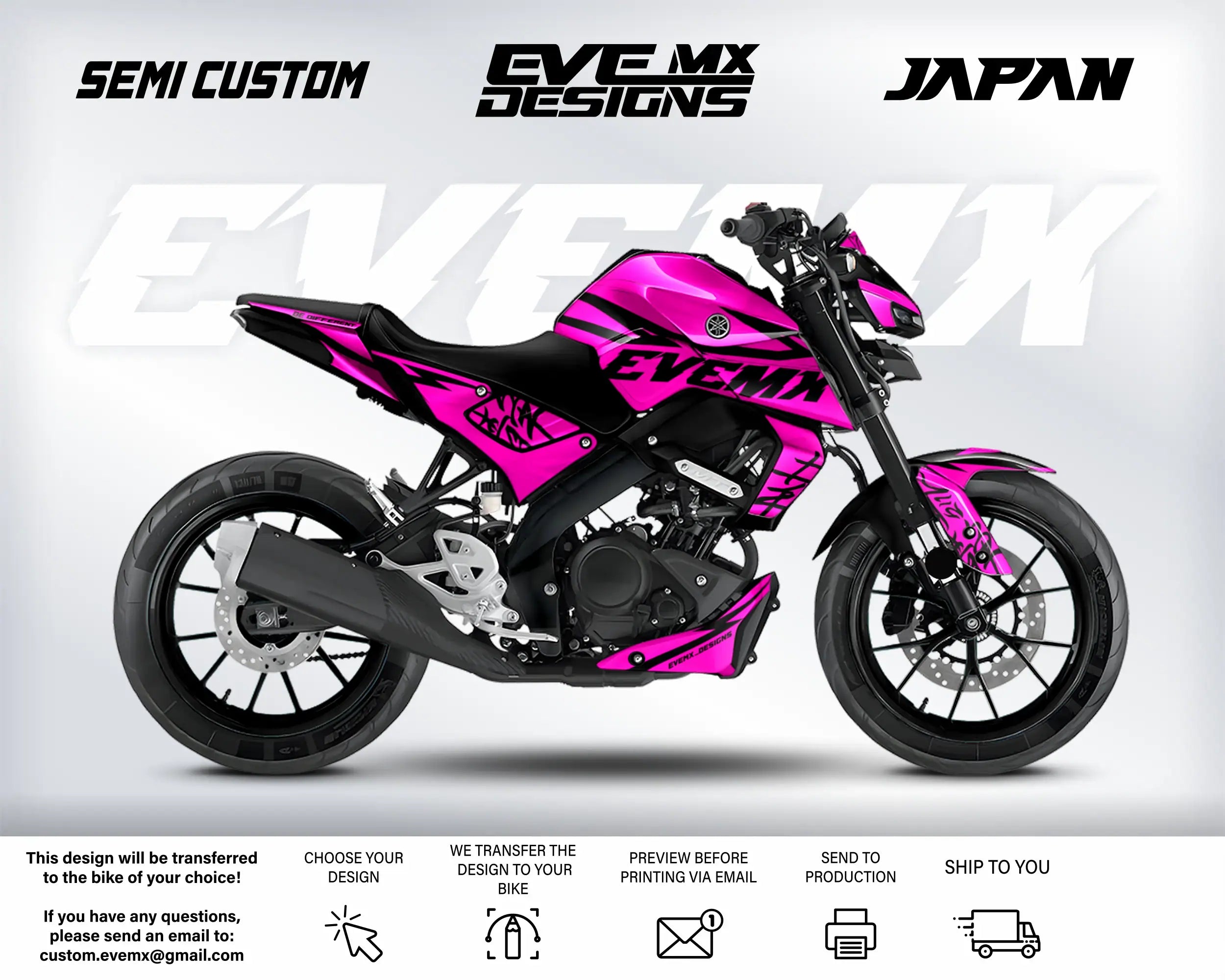 Pink motorcycle with 'EveMX Designs' branding on a white background
