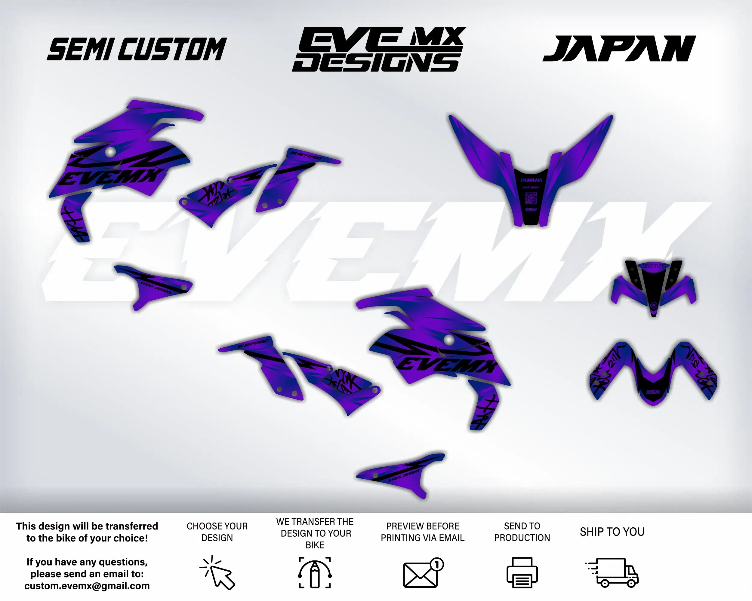 Purple and black motorcycle decals with 'Evemx' branding on a white background.