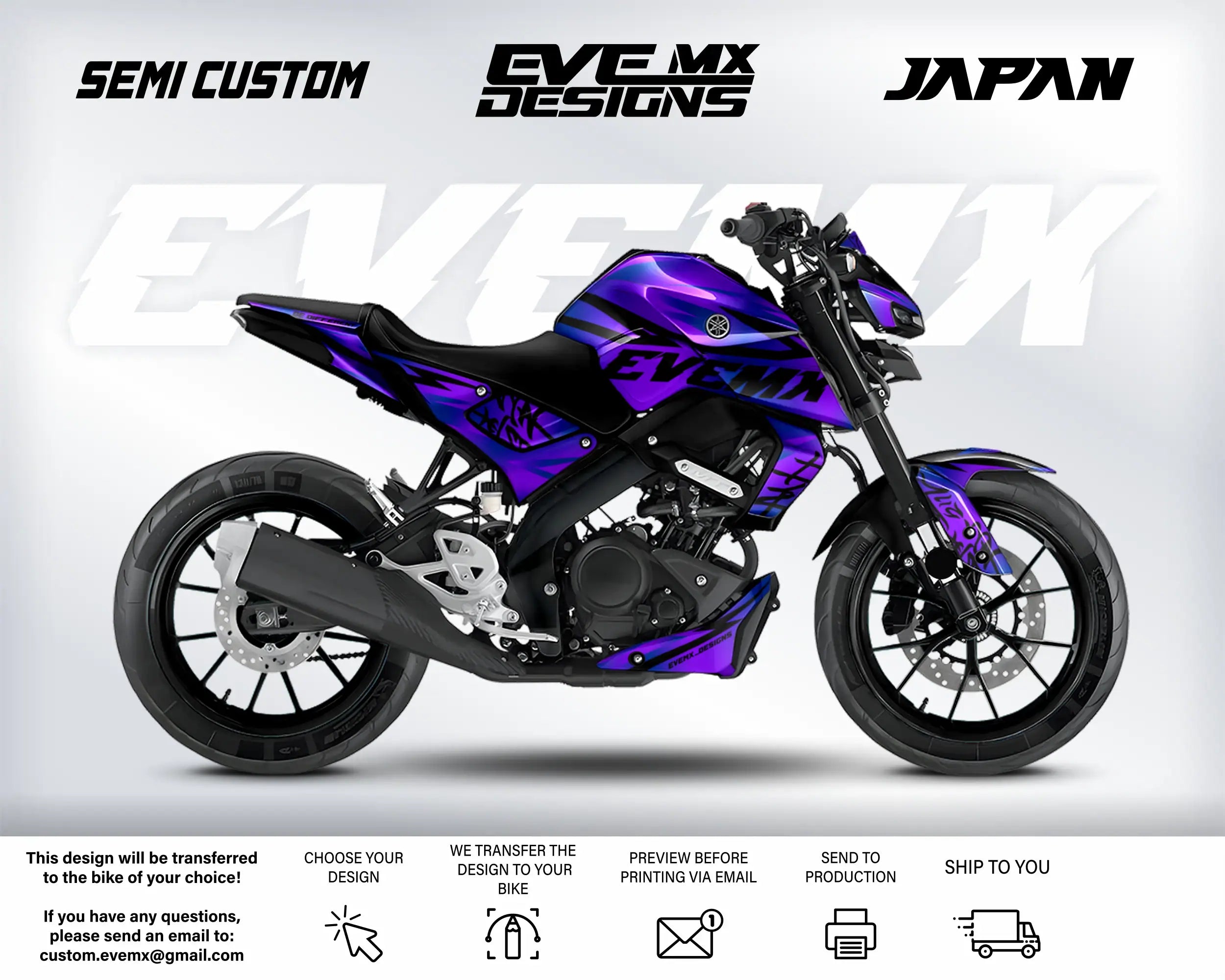 Motorcycle with purple and black design on a white background, featuring 'EveMX Designs' branding.