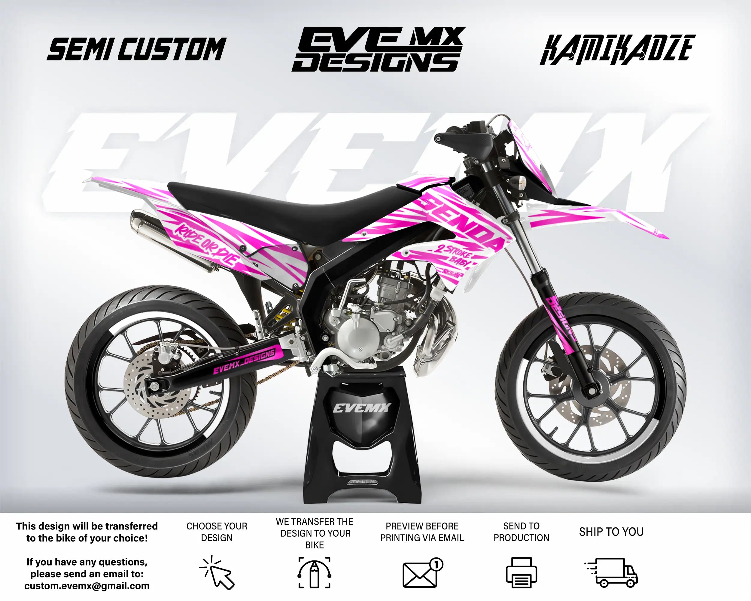 Pink and black dirt bike with 'EveMX Designs' branding on a white background