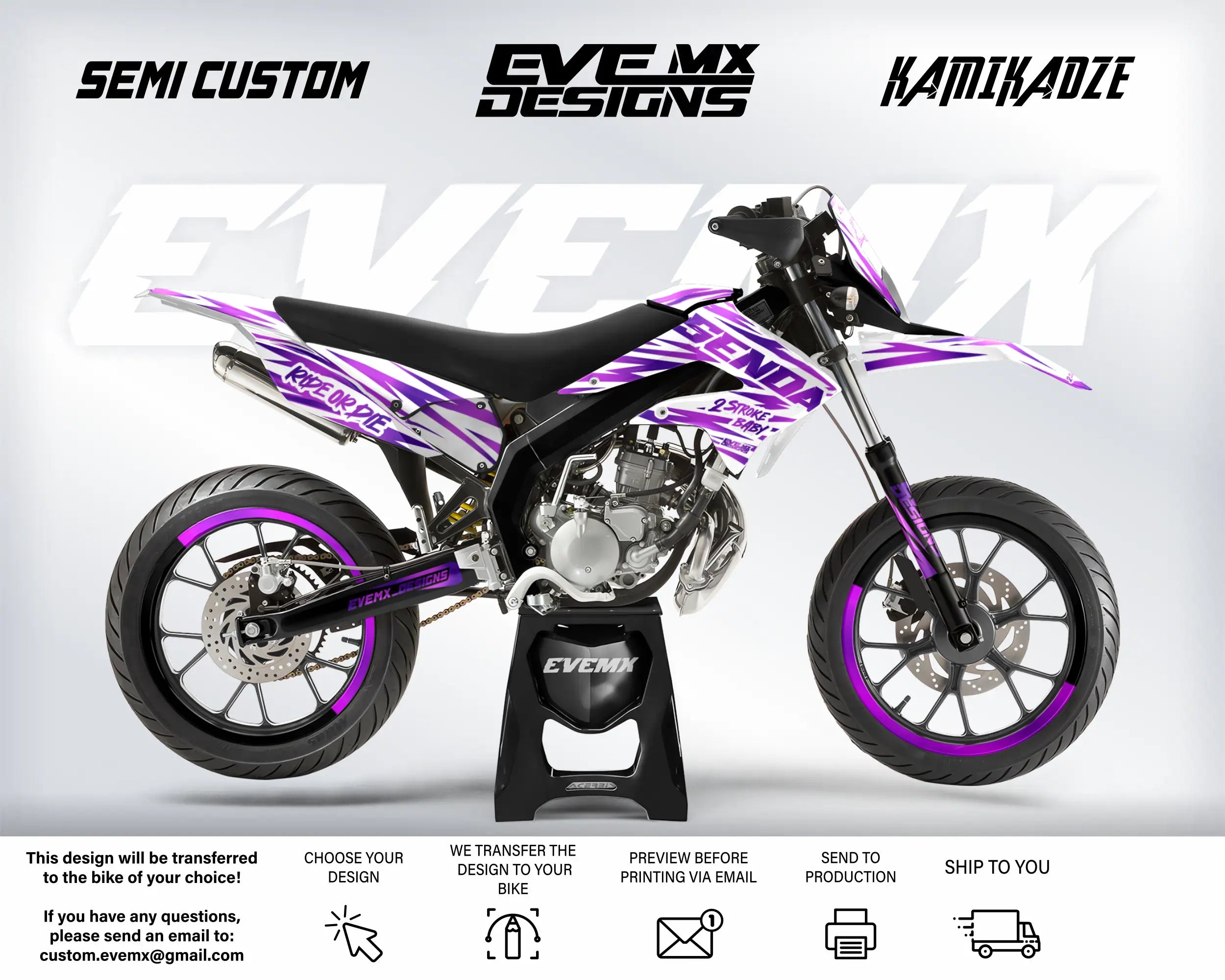 Motorcycle with purple and black design on a white background, featuring  EveMx Designs branding and customization options.