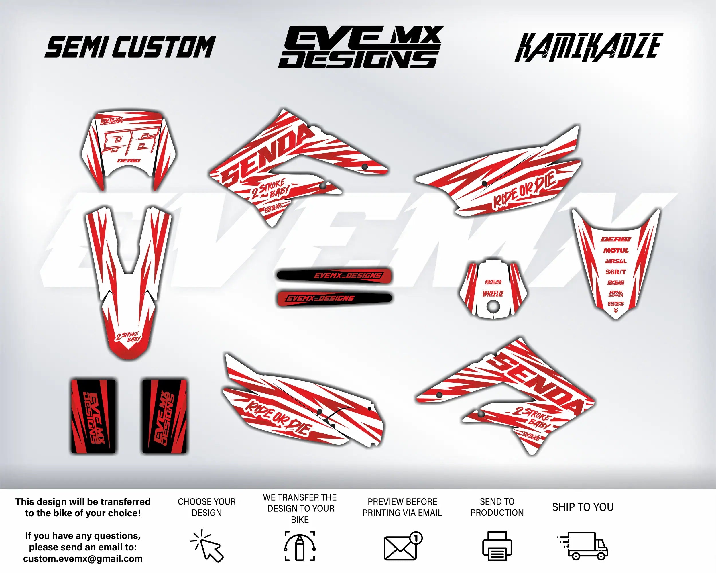 Collection of red and white motorcycle decals with  EveMx Designs branding on a gray background