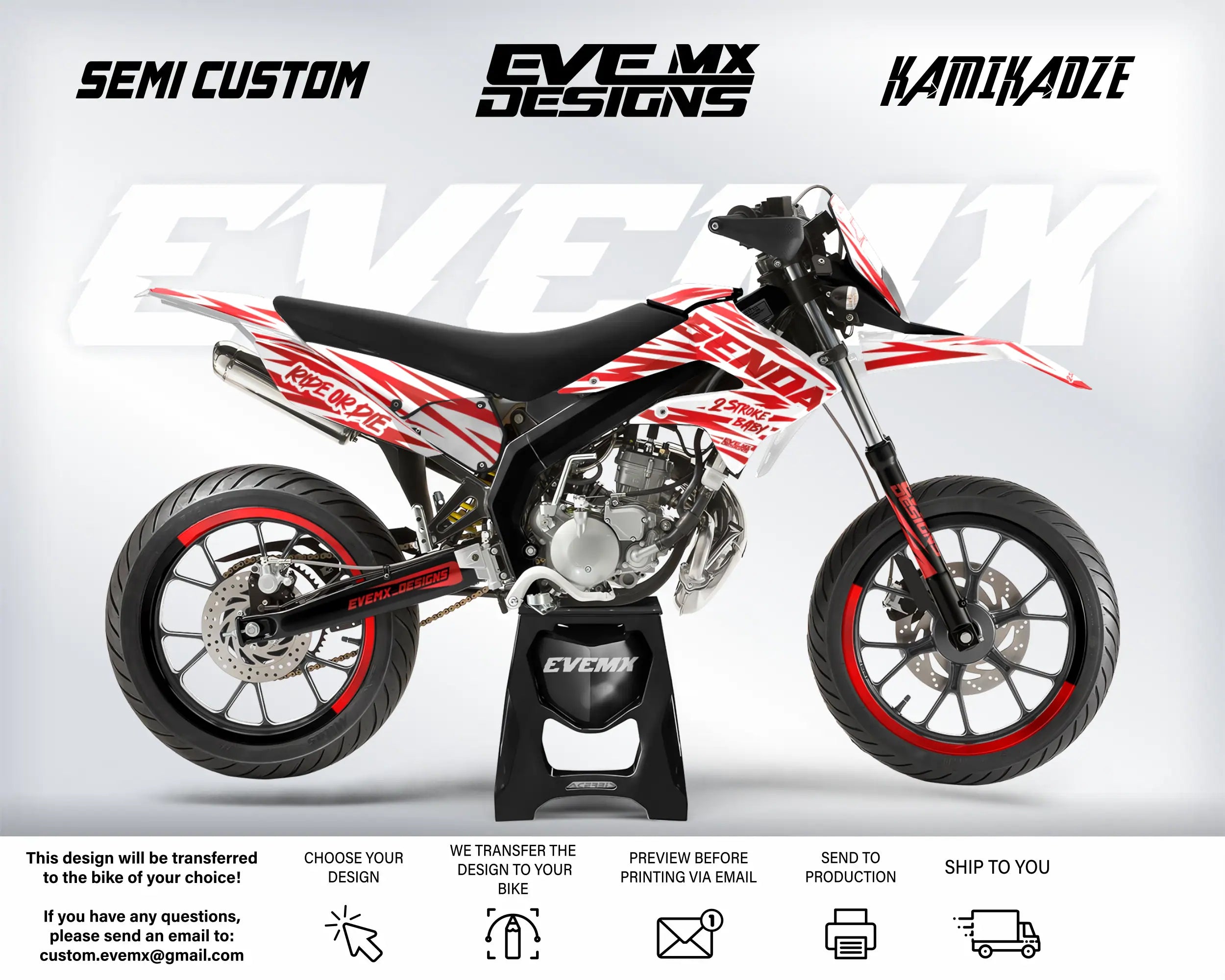 Custom dirt bike with visible  EveMx Designs branding on a white background
