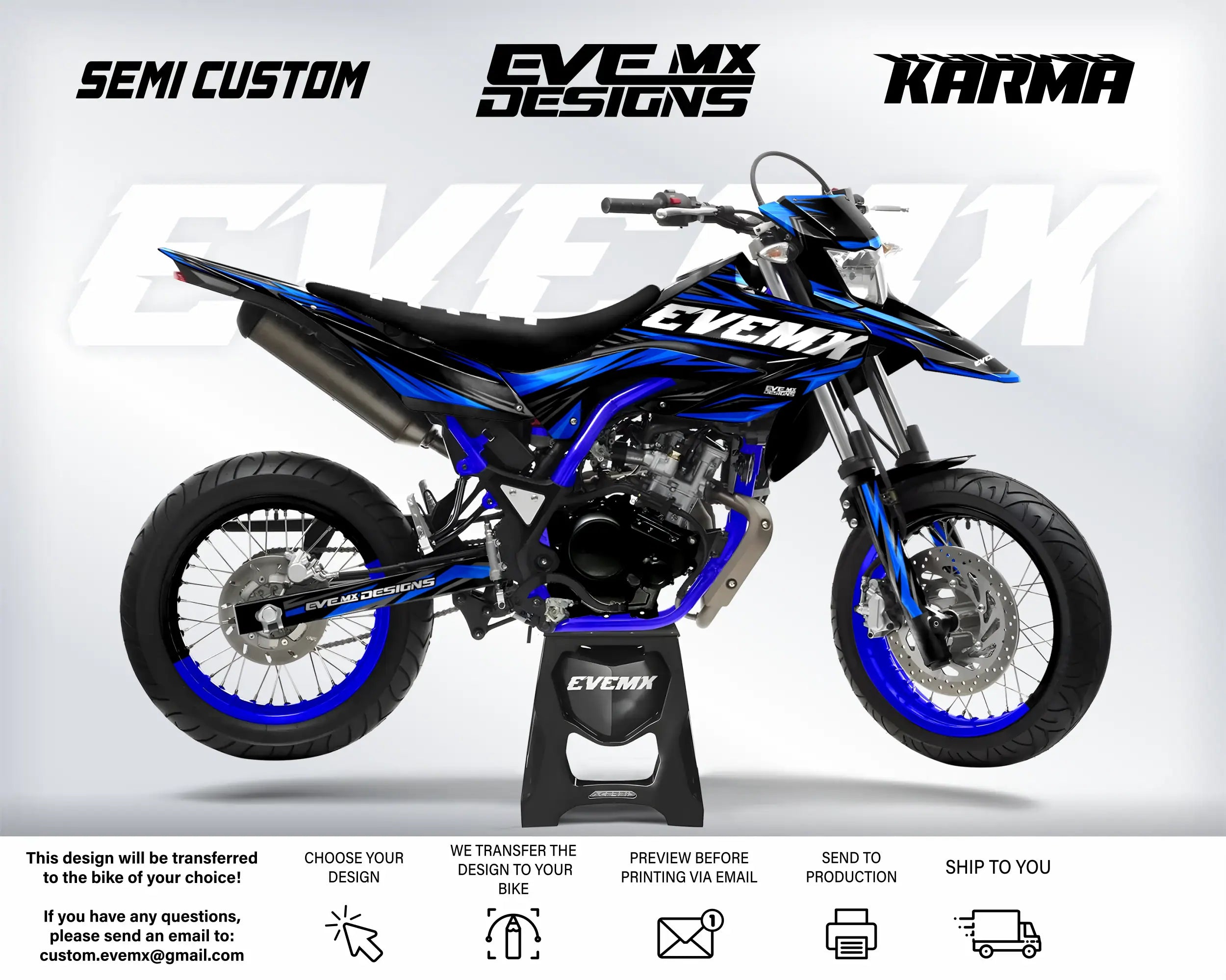 Motorcycle with 'EveMX Designs' branding on a white background