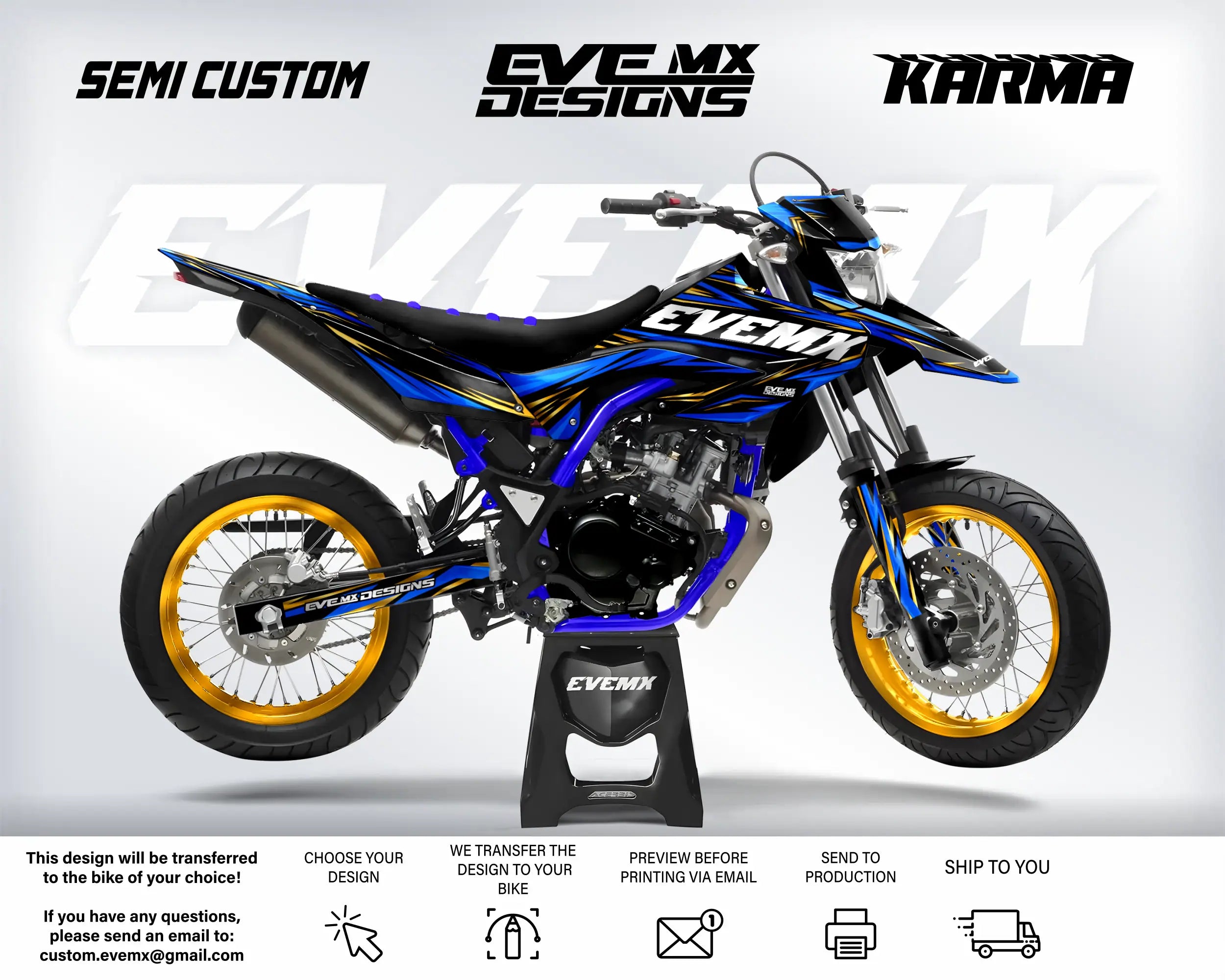 Custom dirt bike with 'EveMX Designs' branding on a white background
