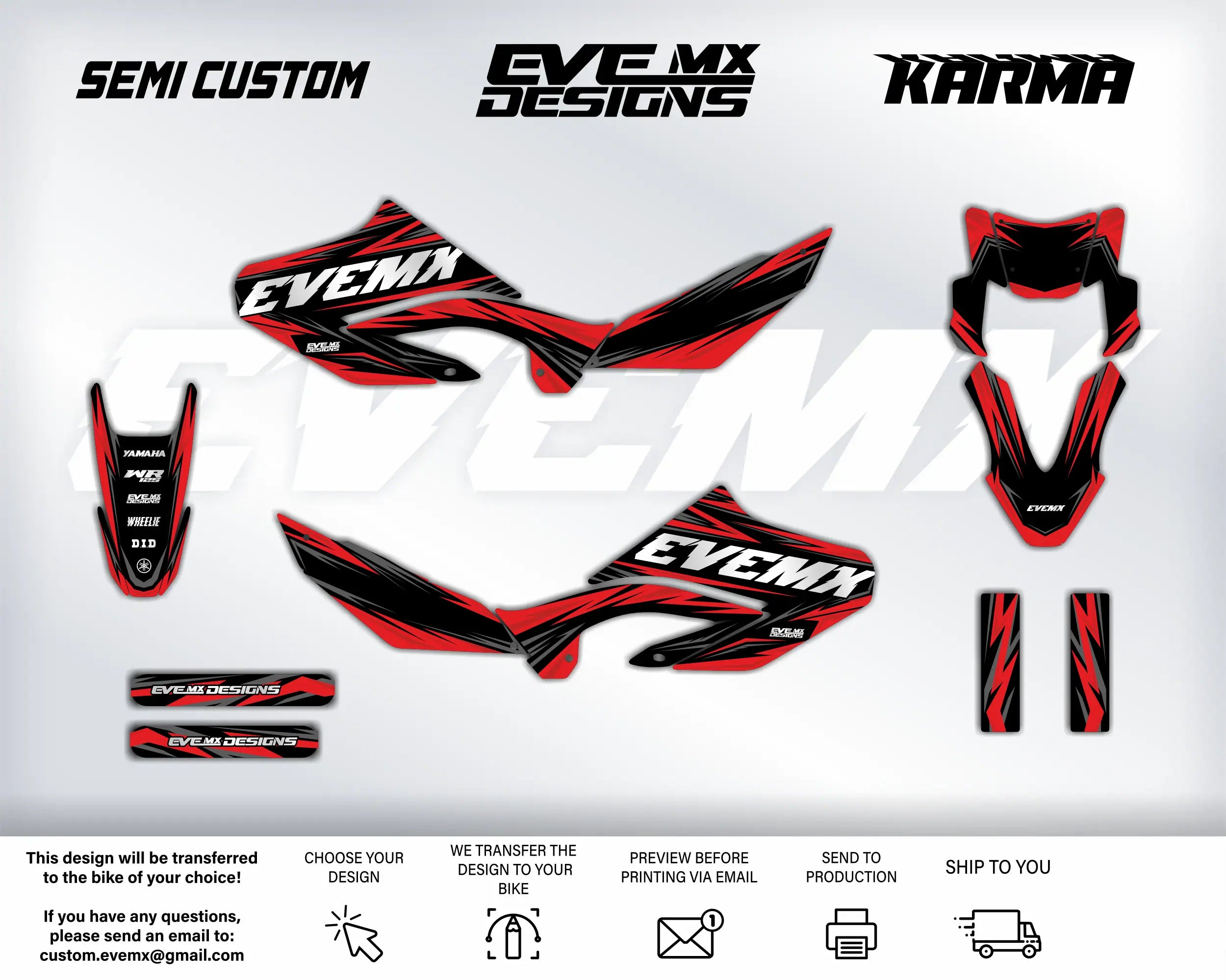 Motorcycle wrap design kit with 'EveMX Designs' branding on a white background