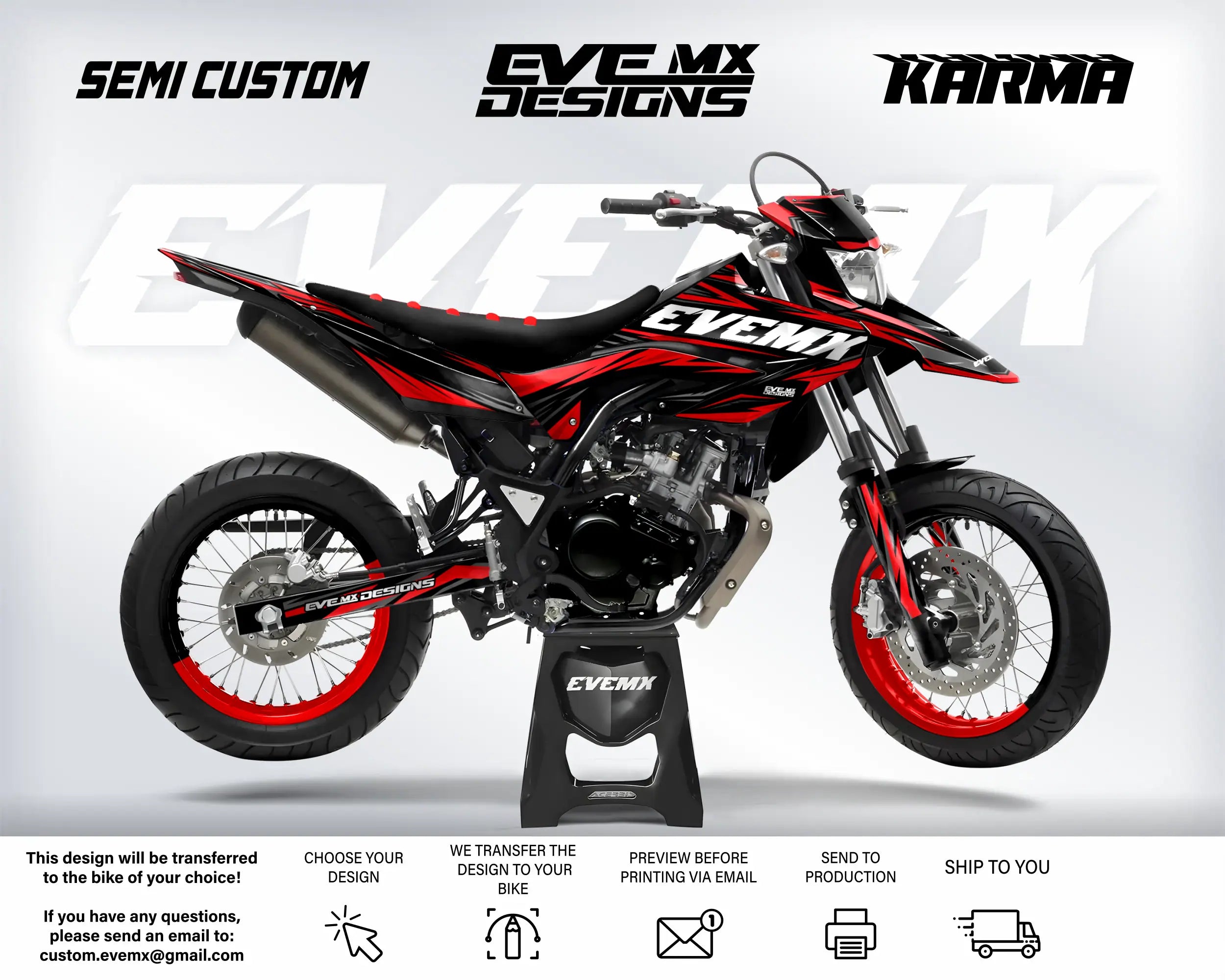 Red and black motorcycle with 'EVEMX Designs' branding on a white background