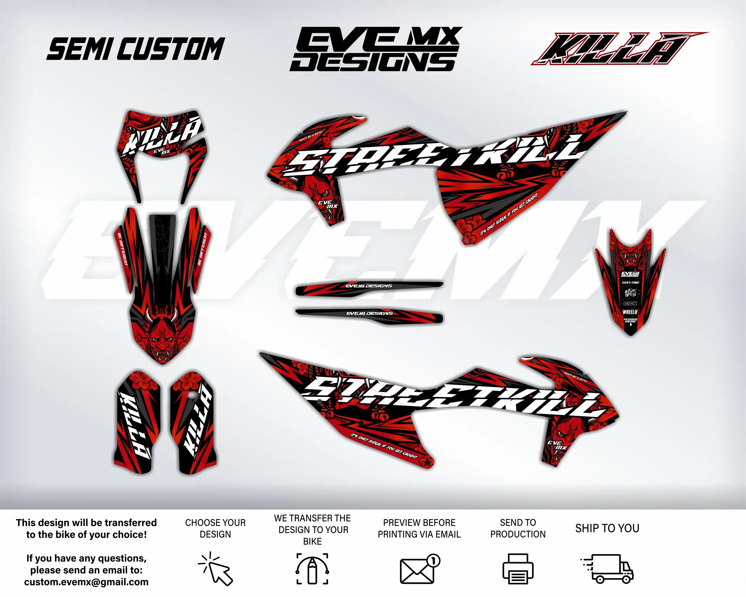 Motorcycle wrap design kit with 'Semi Custom', 'EveMX Designs', and 'Killa' branding on a white background.