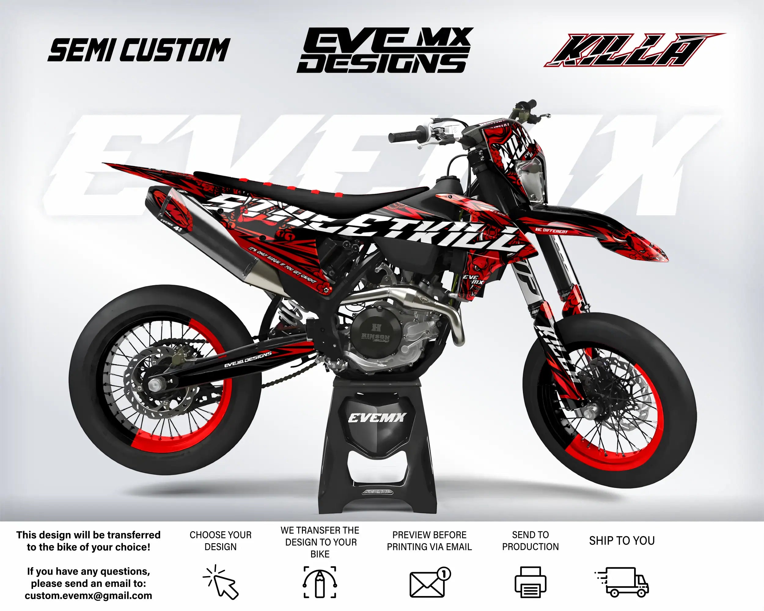 Custom dirt bike with 'EveMX Designs' branding on a white background