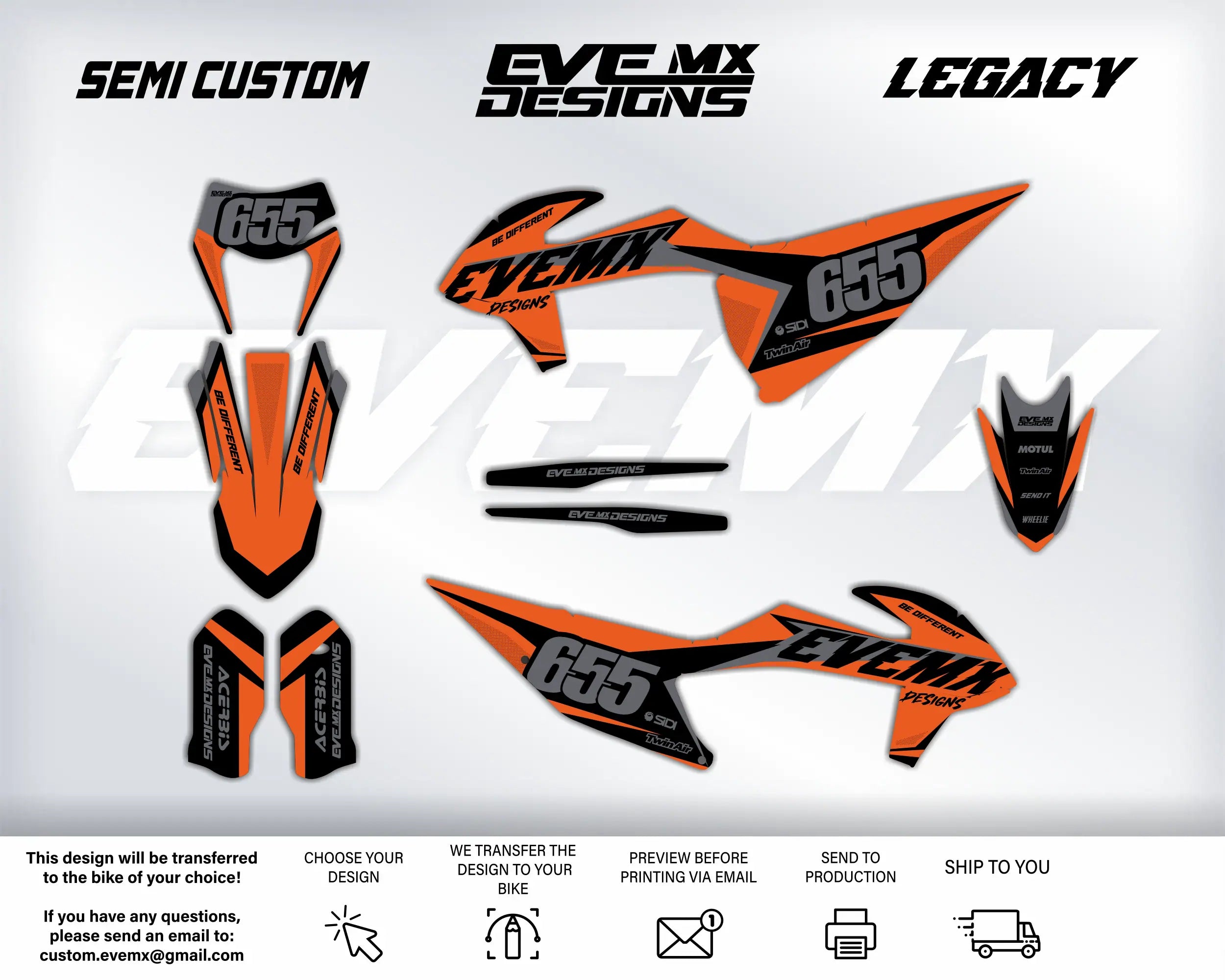 Motorcycle decals with 'EVEMX Designs' branding on a white background