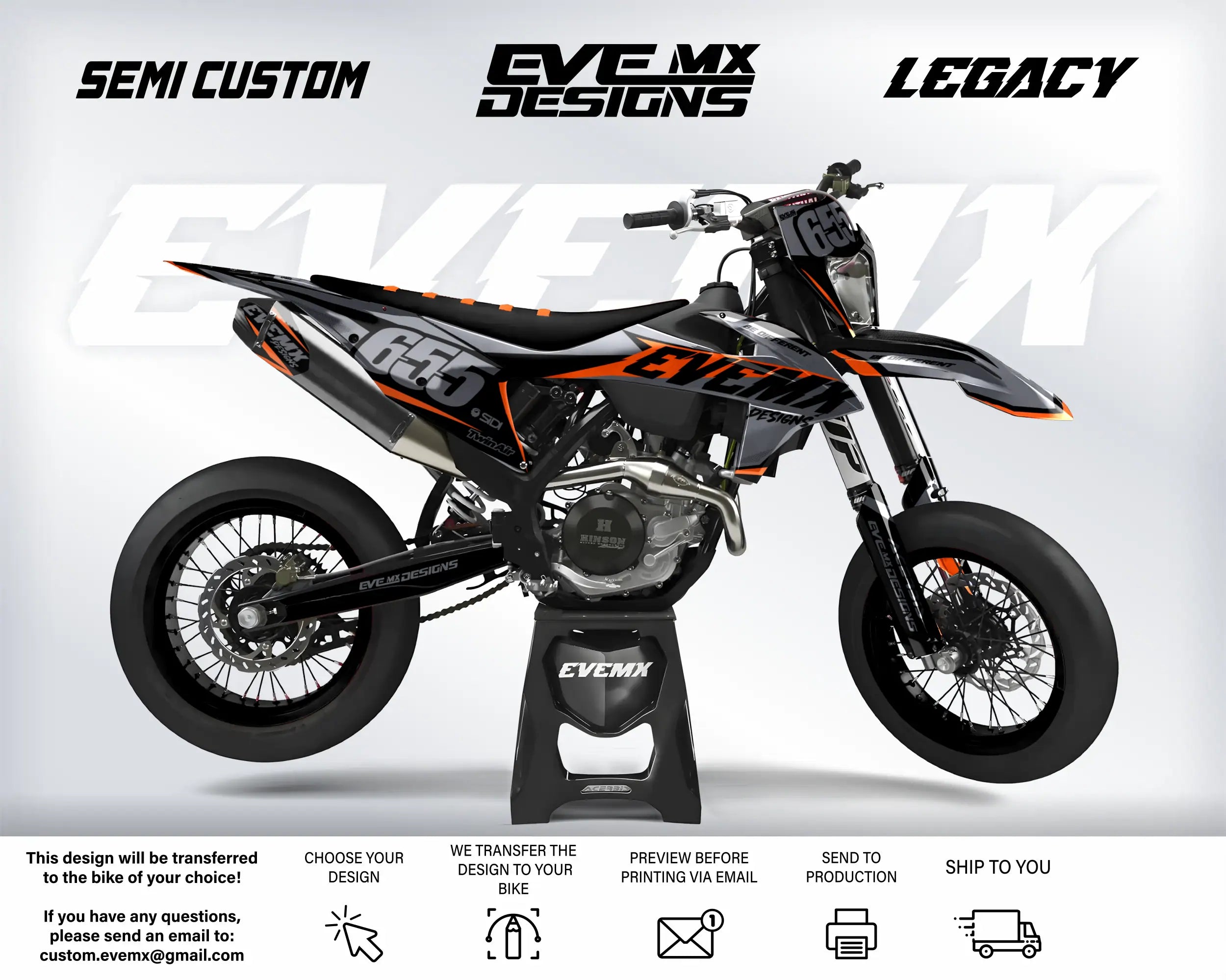 Motorcycle with 'EveMX Designs' branding on a white background