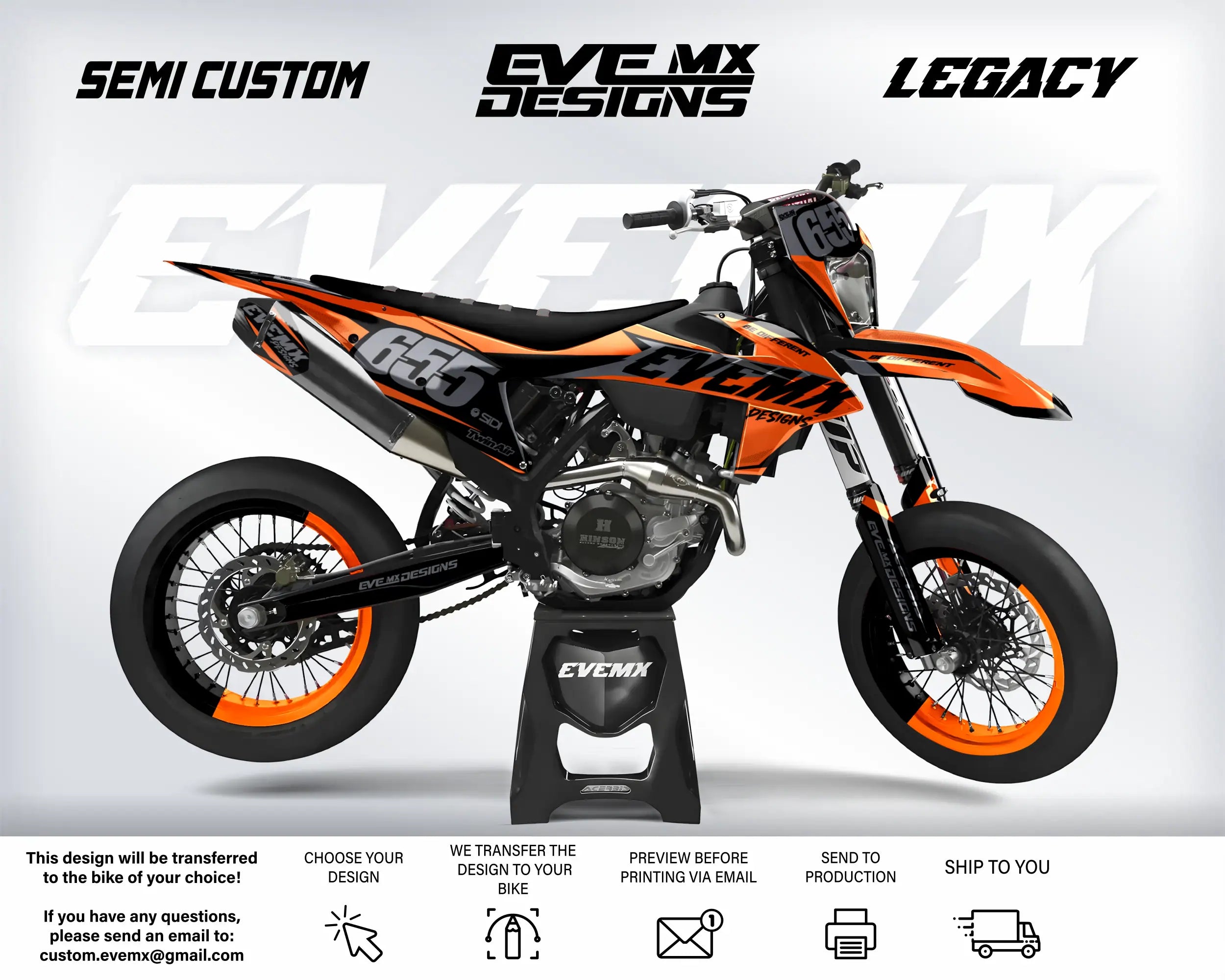 Orange and black dirt bike with 'EveMX Designs' branding on a white background
