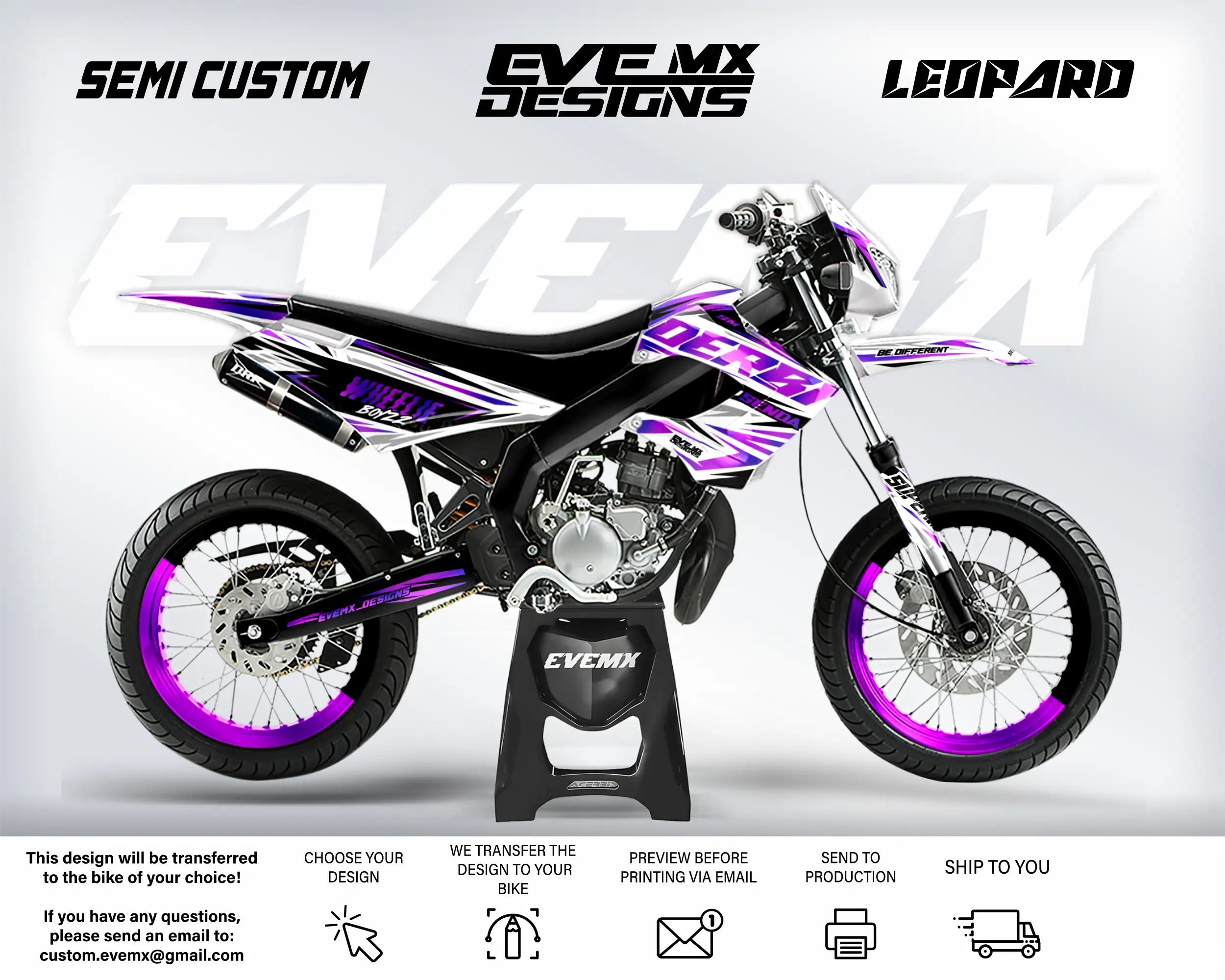 Motorcycle with 'EveMX Designs' branding on a white background