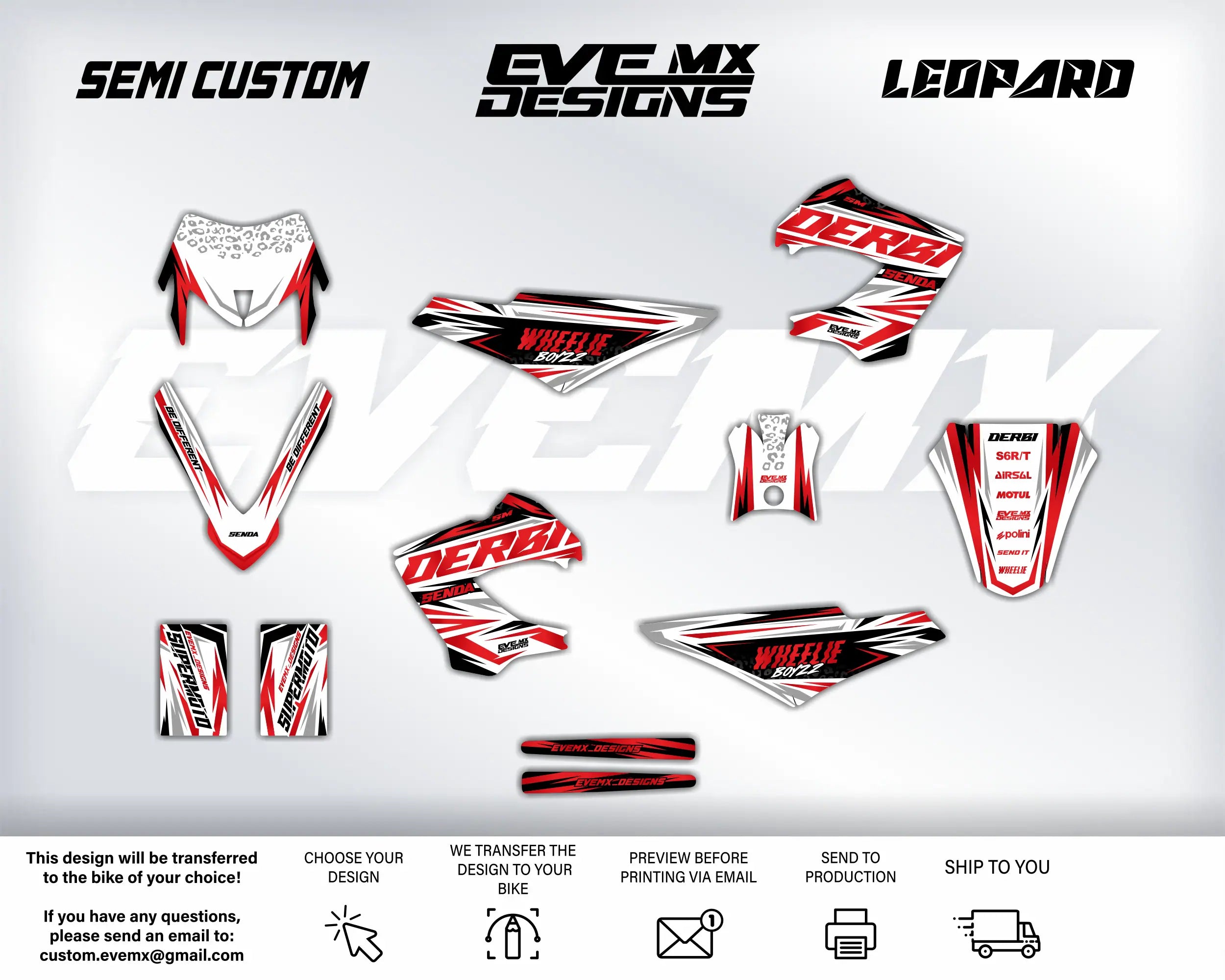 Collection of motorcycle decals with 'Semi Custom', 'EveMX Designs', and 'Leopard' branding on a white background.
