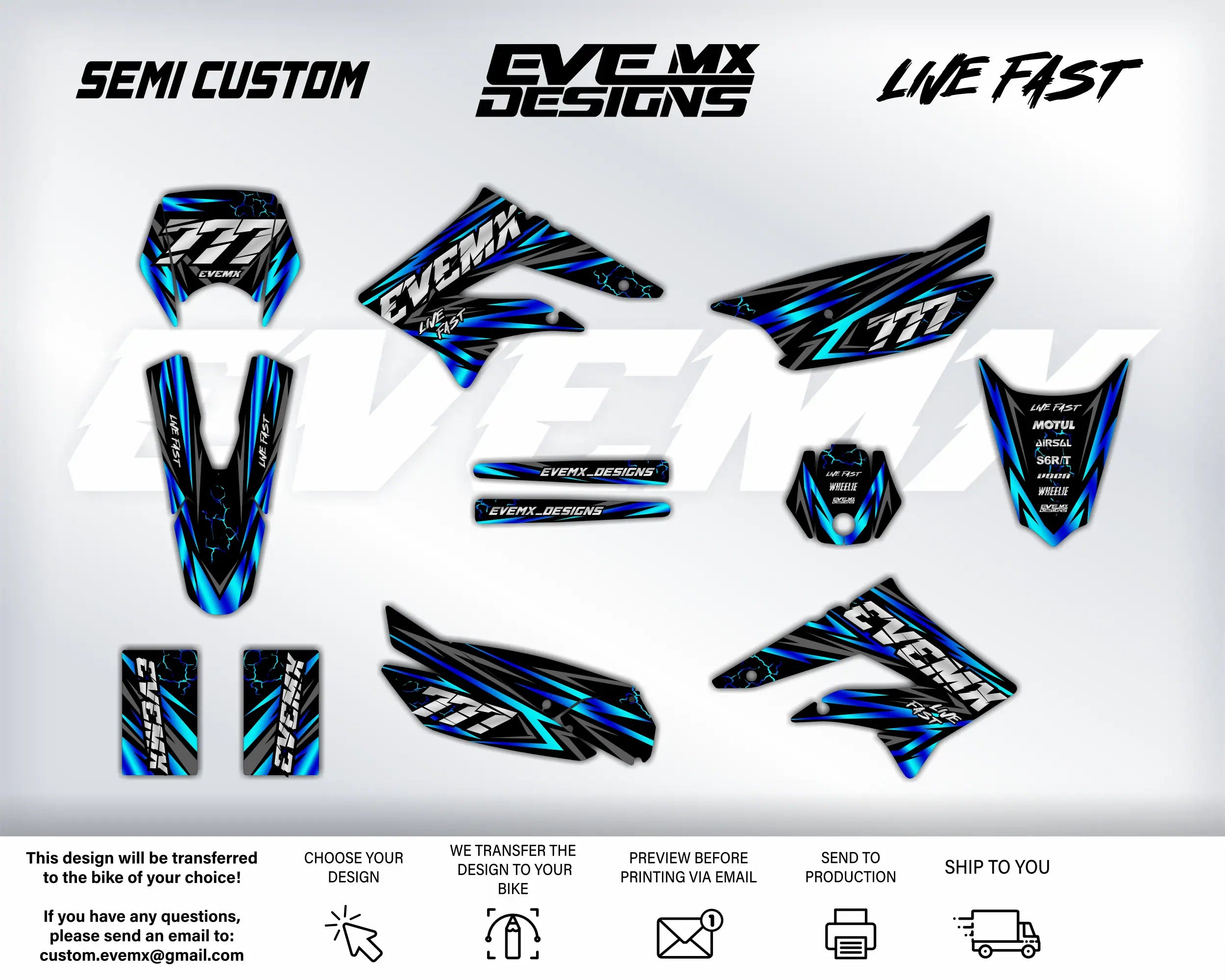 Collection of EVEMX designs on a white background with branding and promotional text.