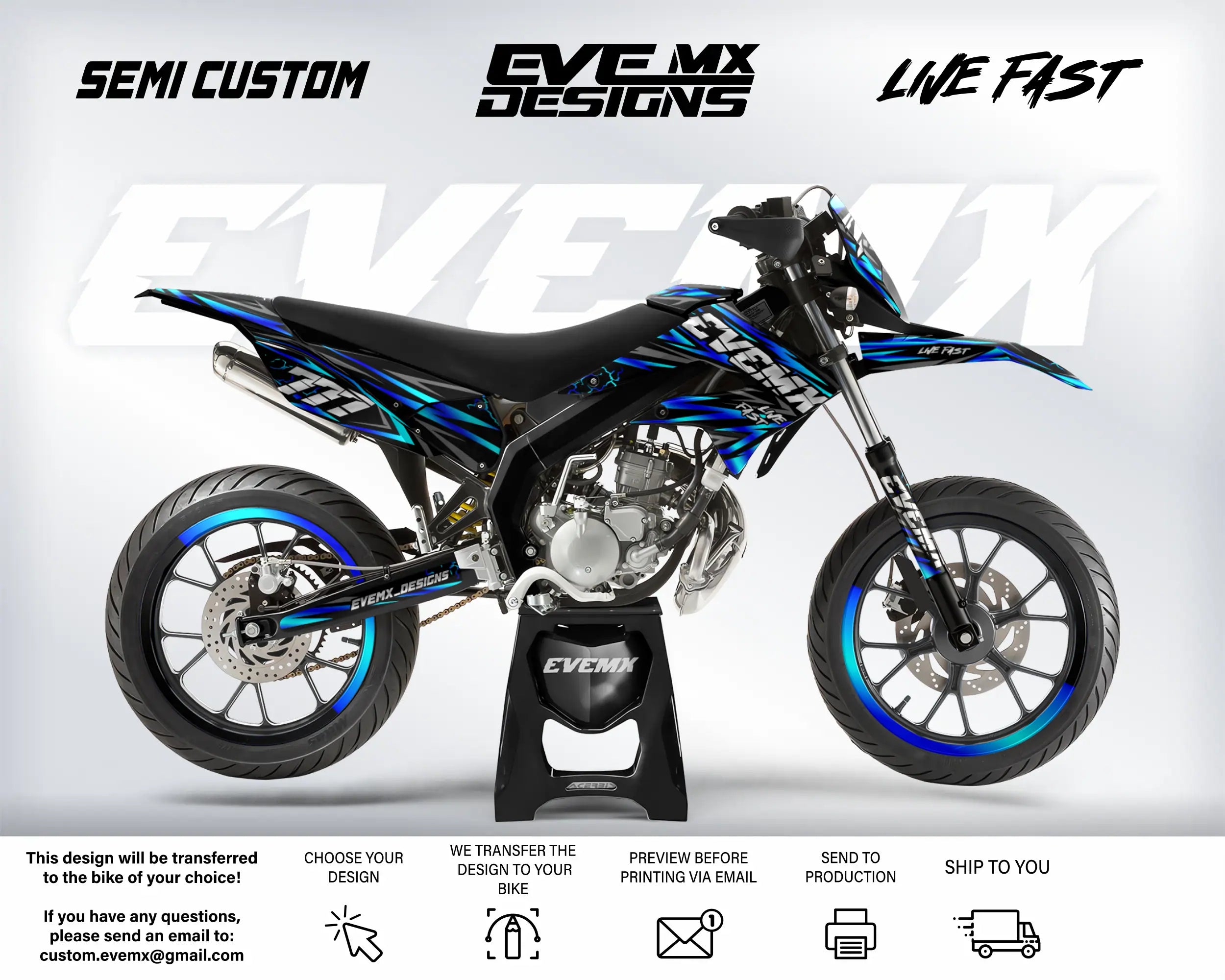 Motorcycle with custom design elements on a white background, featuring the brand 'EveMX Designs'.