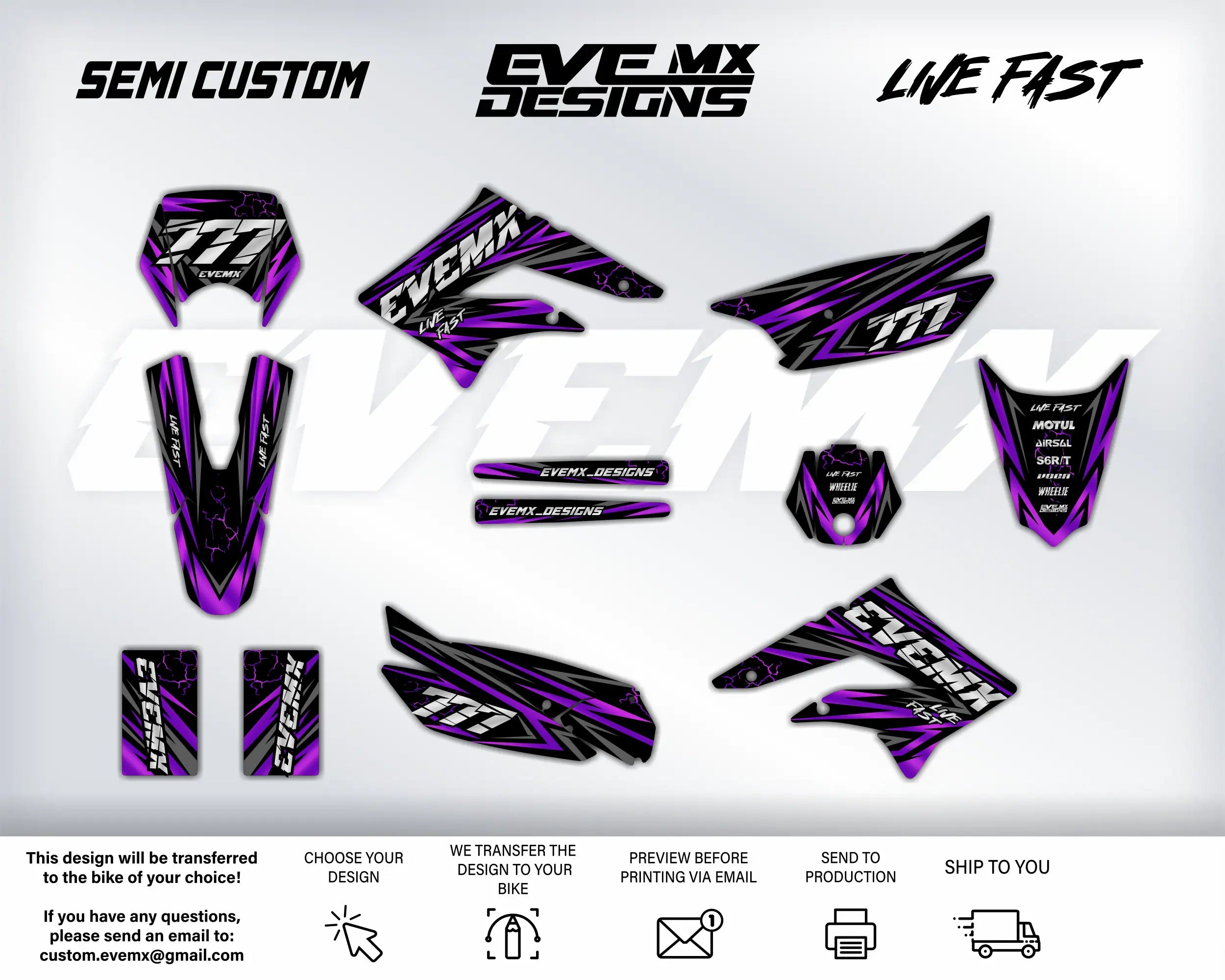 Motorcycle decals with 'EveMX Designs' branding on a white background