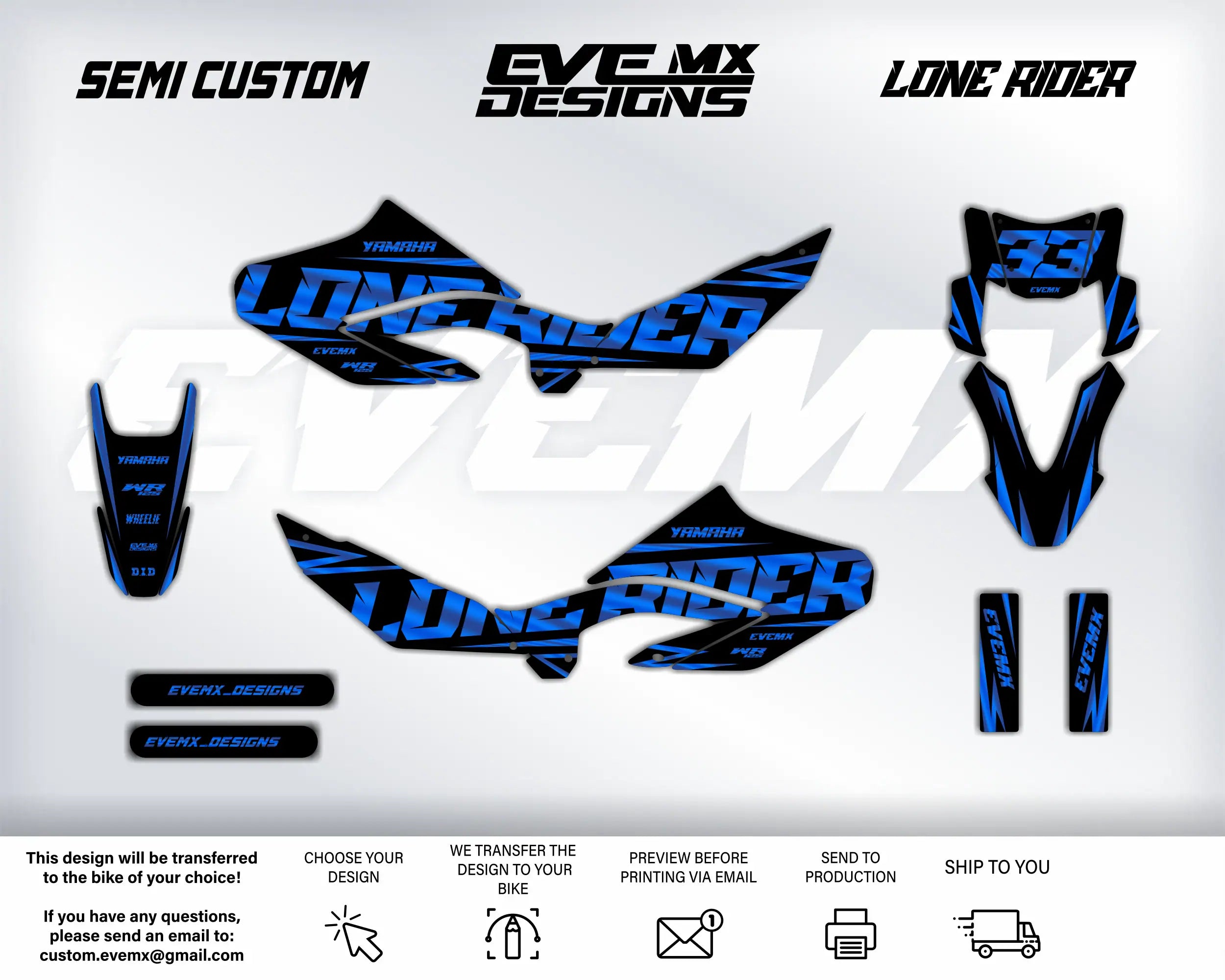 Motorcycle wrap design with 'Lone Rider'  EveMx Designs branding on a white background