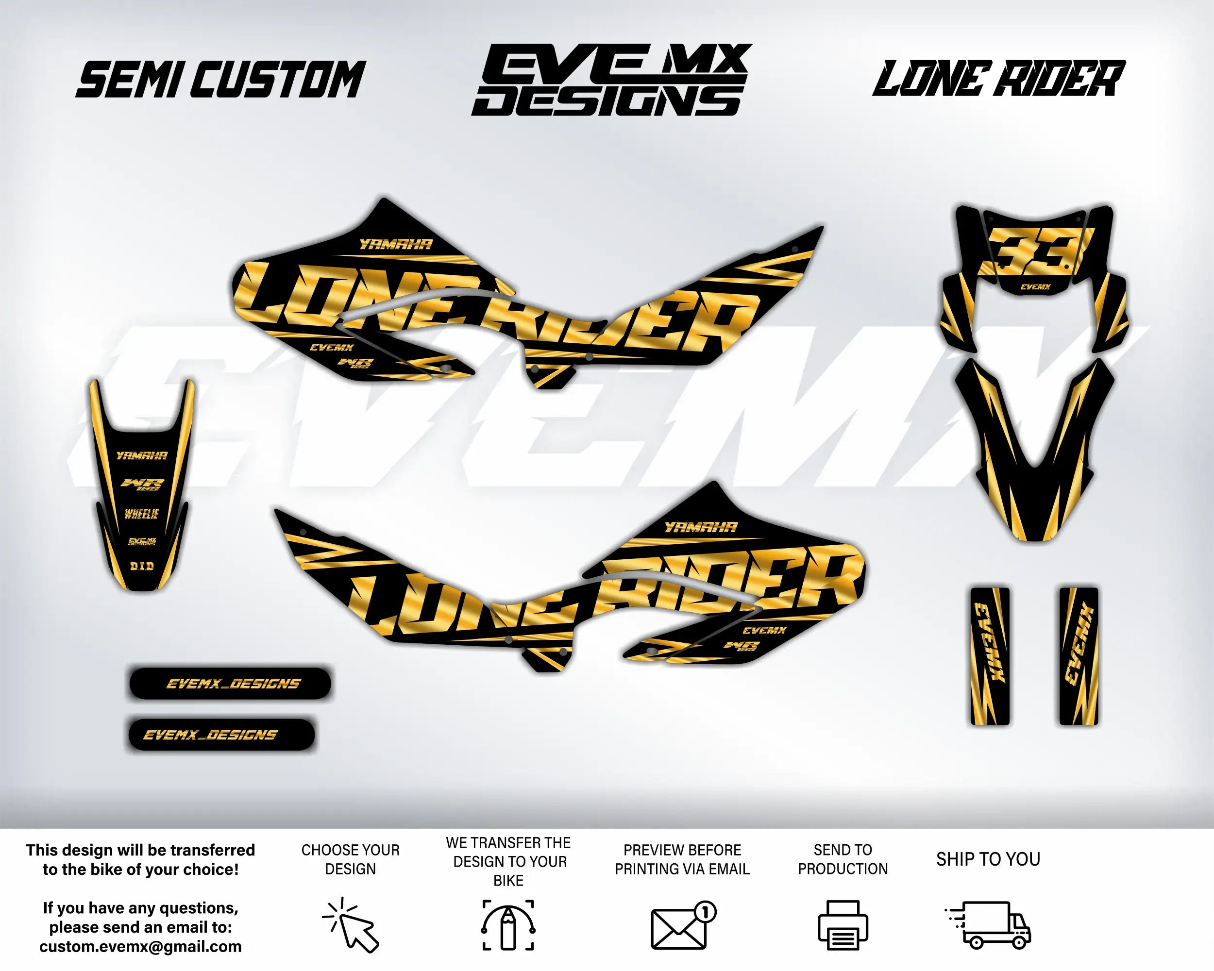 Motorcycle wrap design with 'Lone Rider' and 'EveMX Designs' branding on a white background.