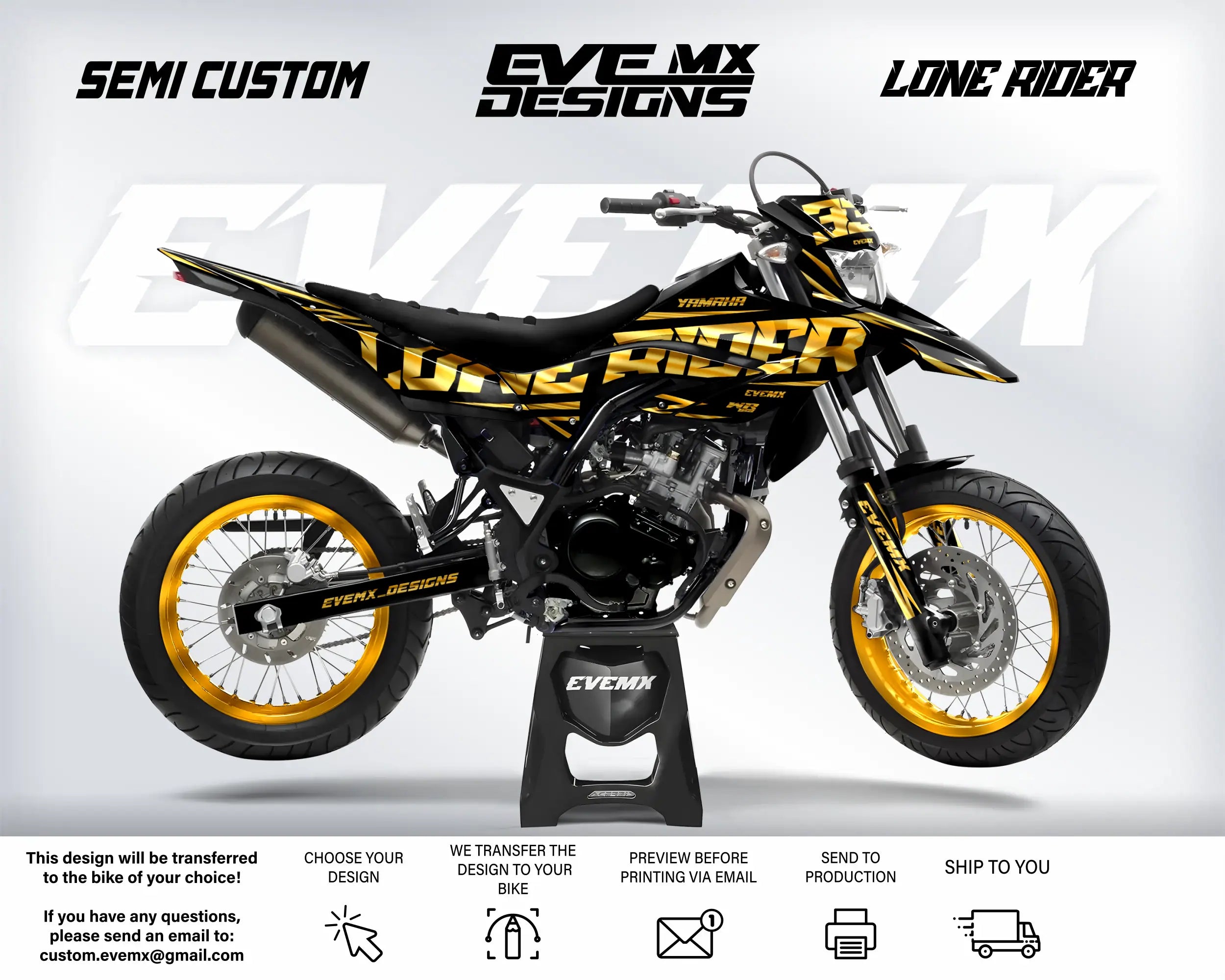 Motorcycle with 'Lone Rider' and 'EveMX Designs' branding on a white background