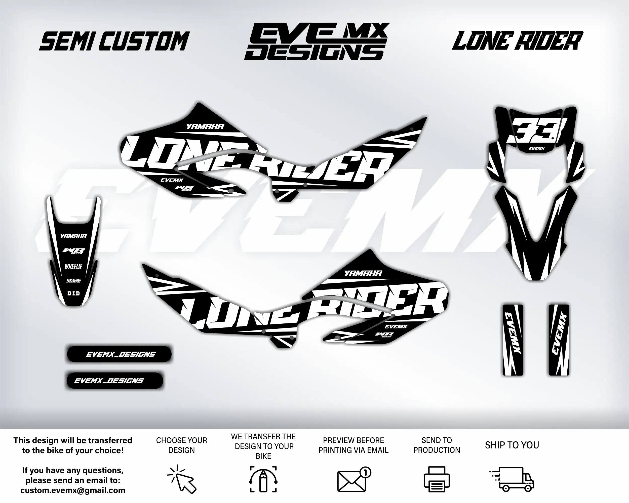 Motorcycle decals with 'Lone Rider' and 'EveMX Designs' branding on a white background.