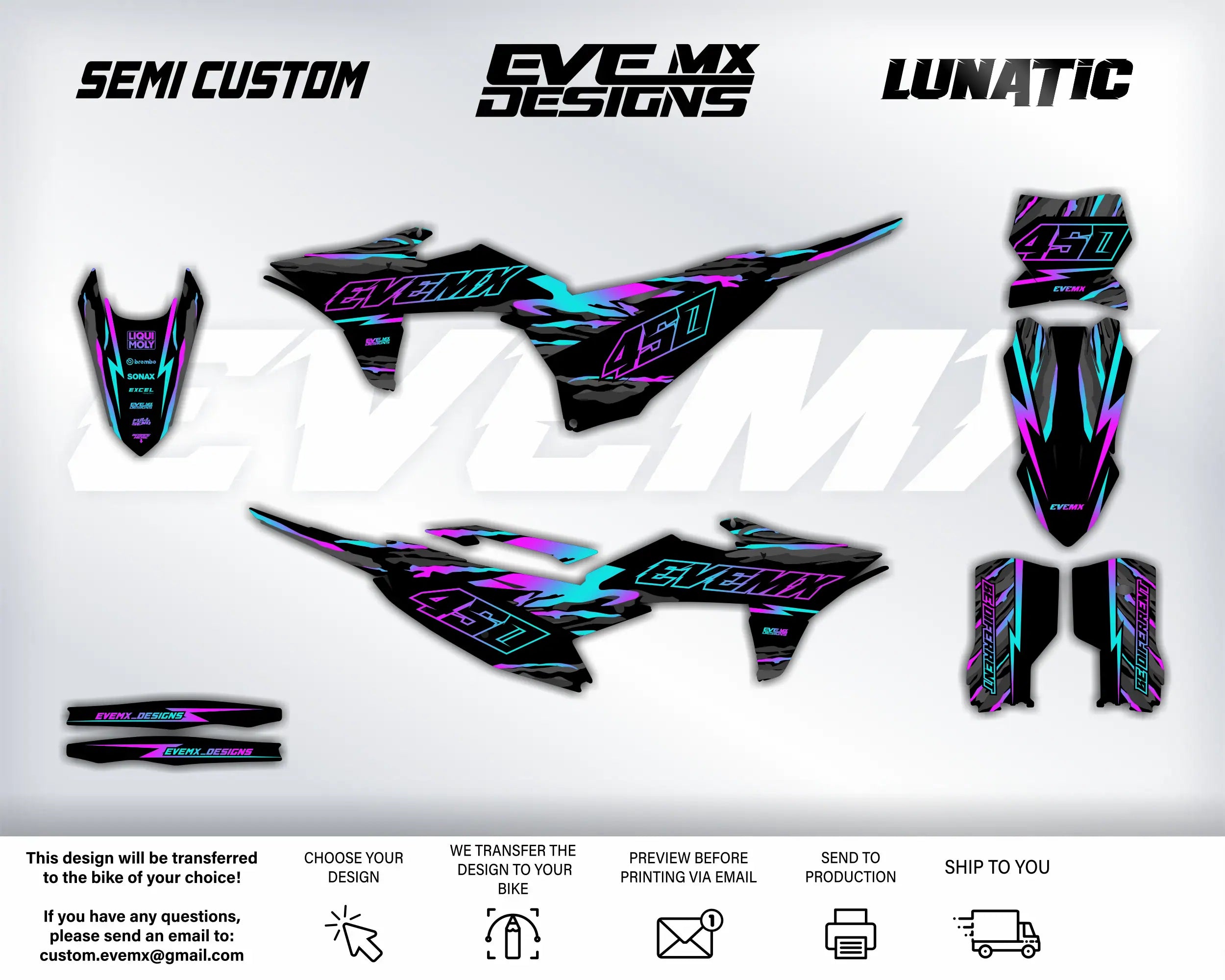 Motorcycle wrap design with 'EveMX Designs' branding on a white background