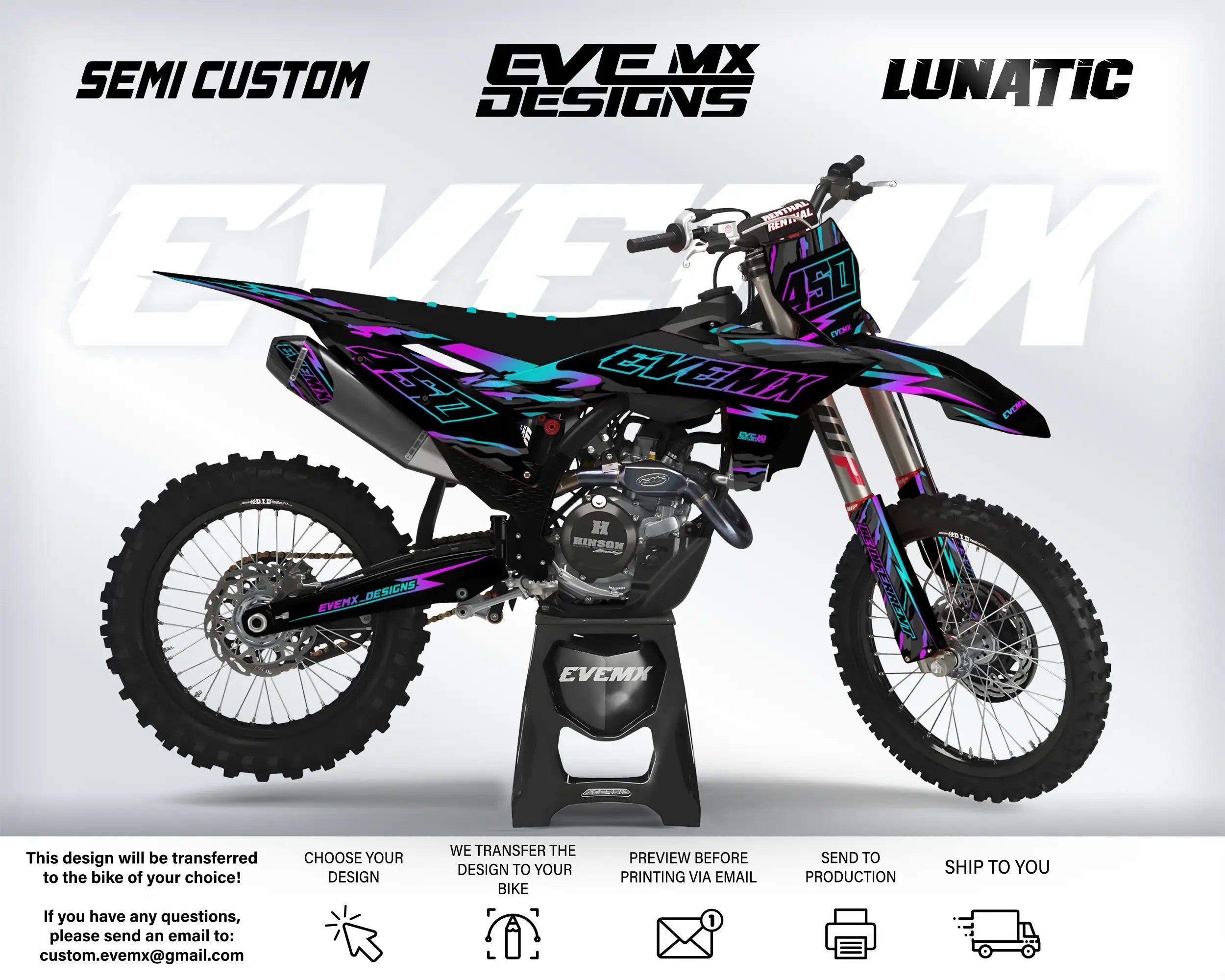 Motocross bike with custom graphics on a white background, featuring 'EveMX Designs' branding.