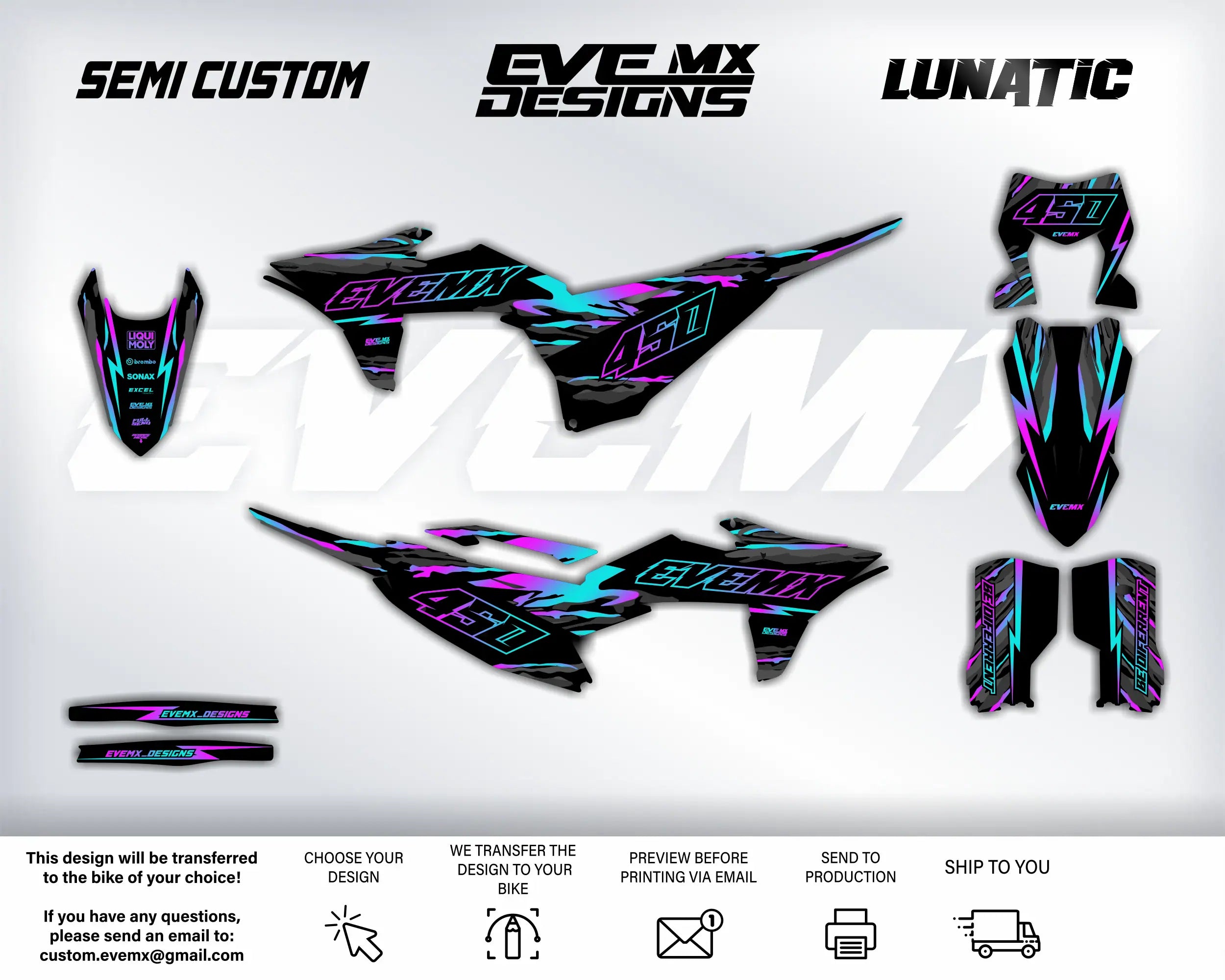 Motorcycle wrap design with 'EVEMX Designs' branding on a white background