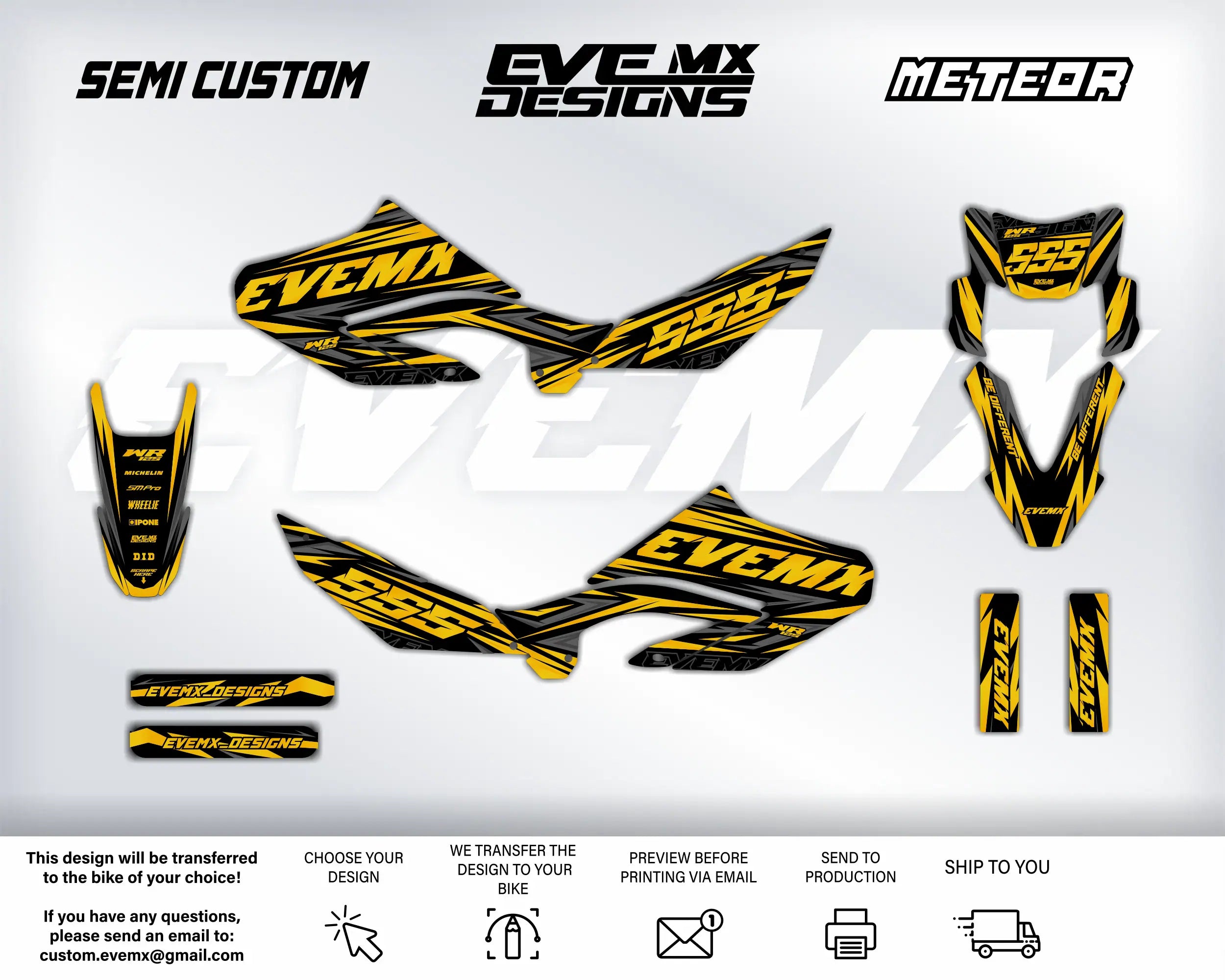 Motorcycle decals with 'EveMX Designs' branding on a white background