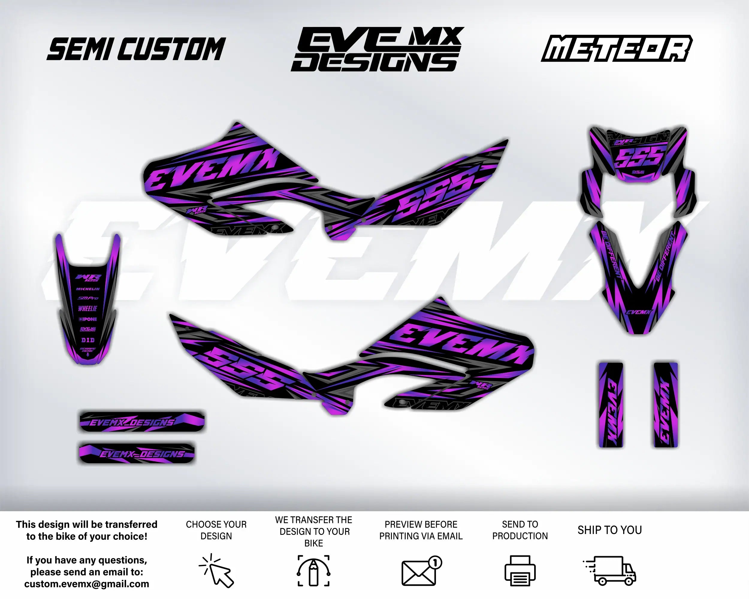 Motorcycle graphics kit with EVEMX Designs branding on a white background
