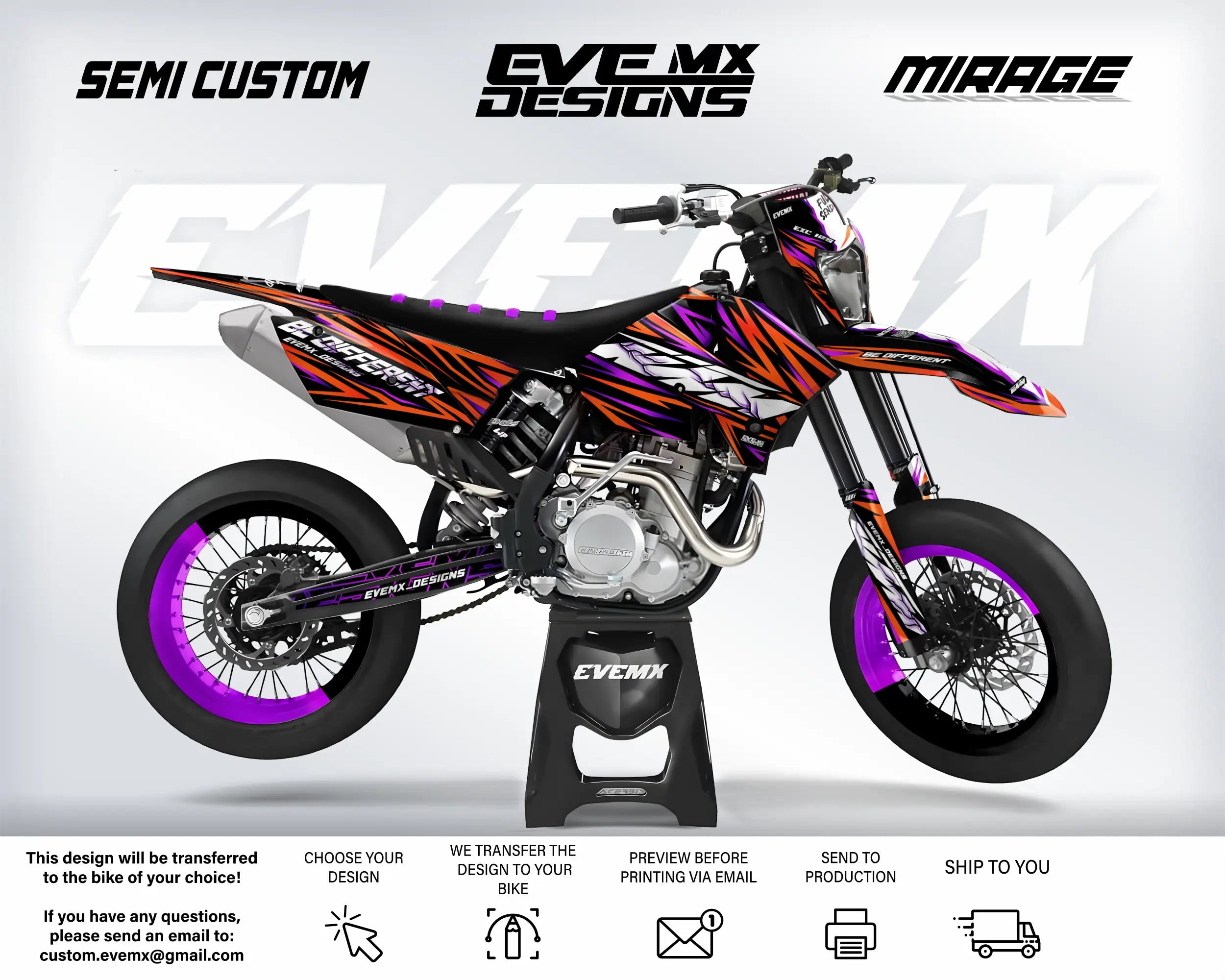 Customized dirt bike with 'EveMX Designs' branding on a white background