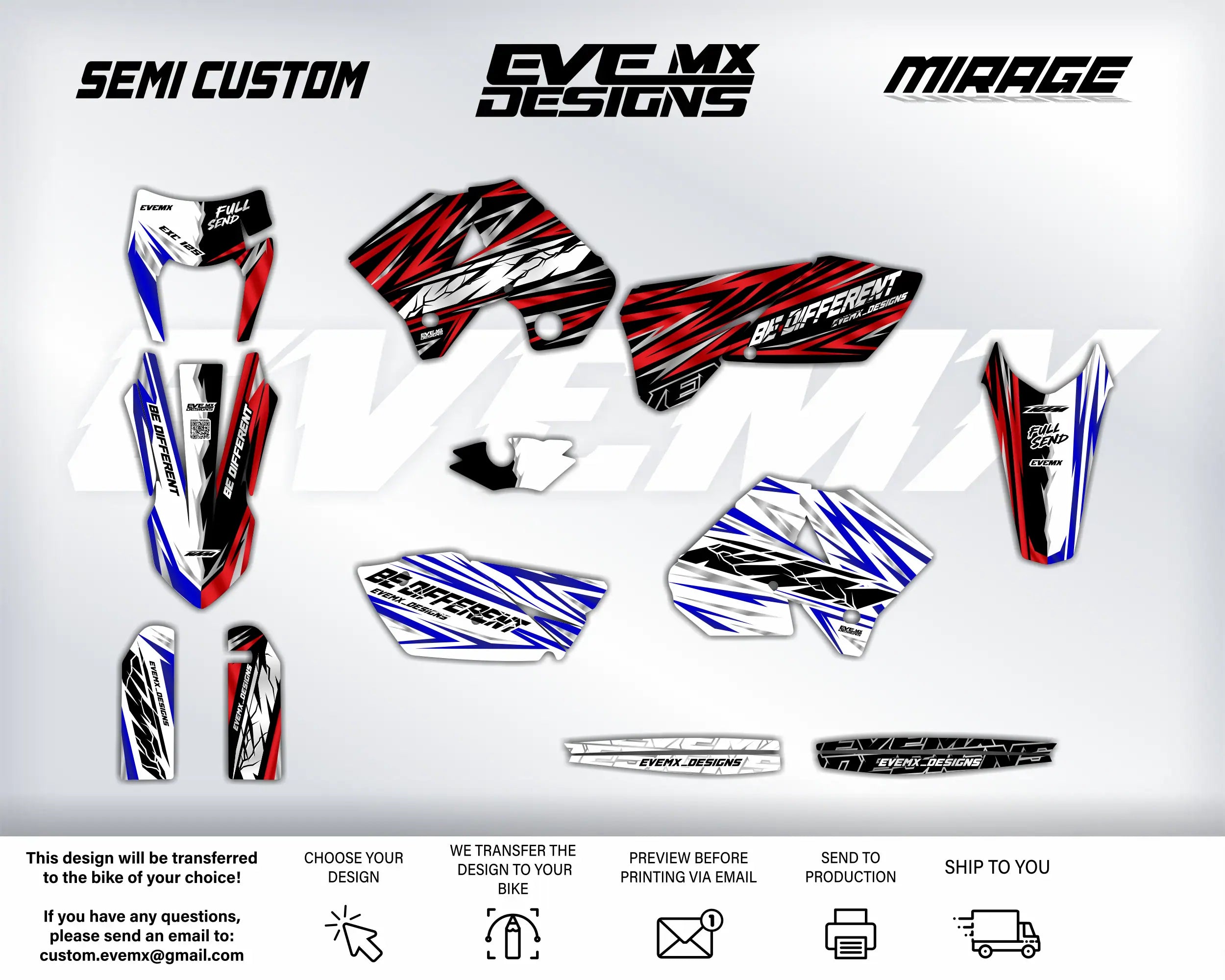 Collection of motorcycle decals with 'EveMX Designs' branding on a white background.