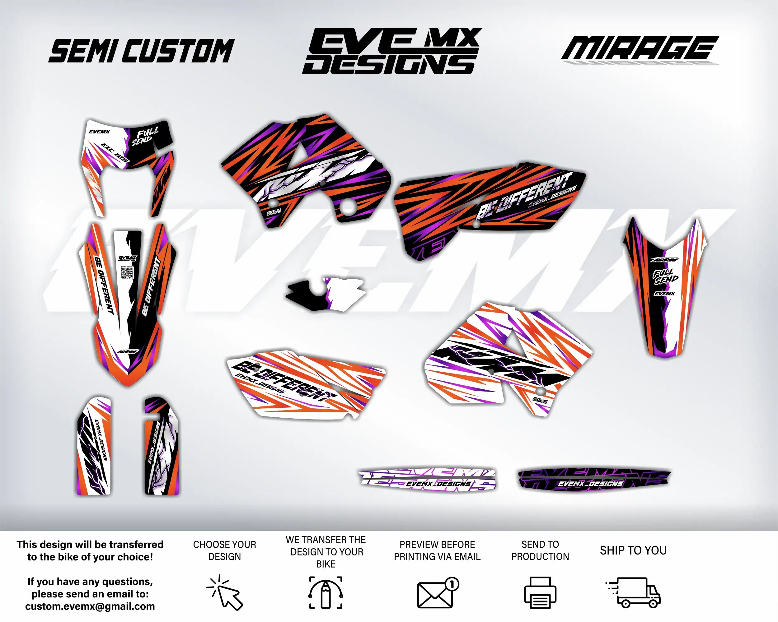 Collection of motorcycle decals with 'EveMX Designs' branding on a white background.