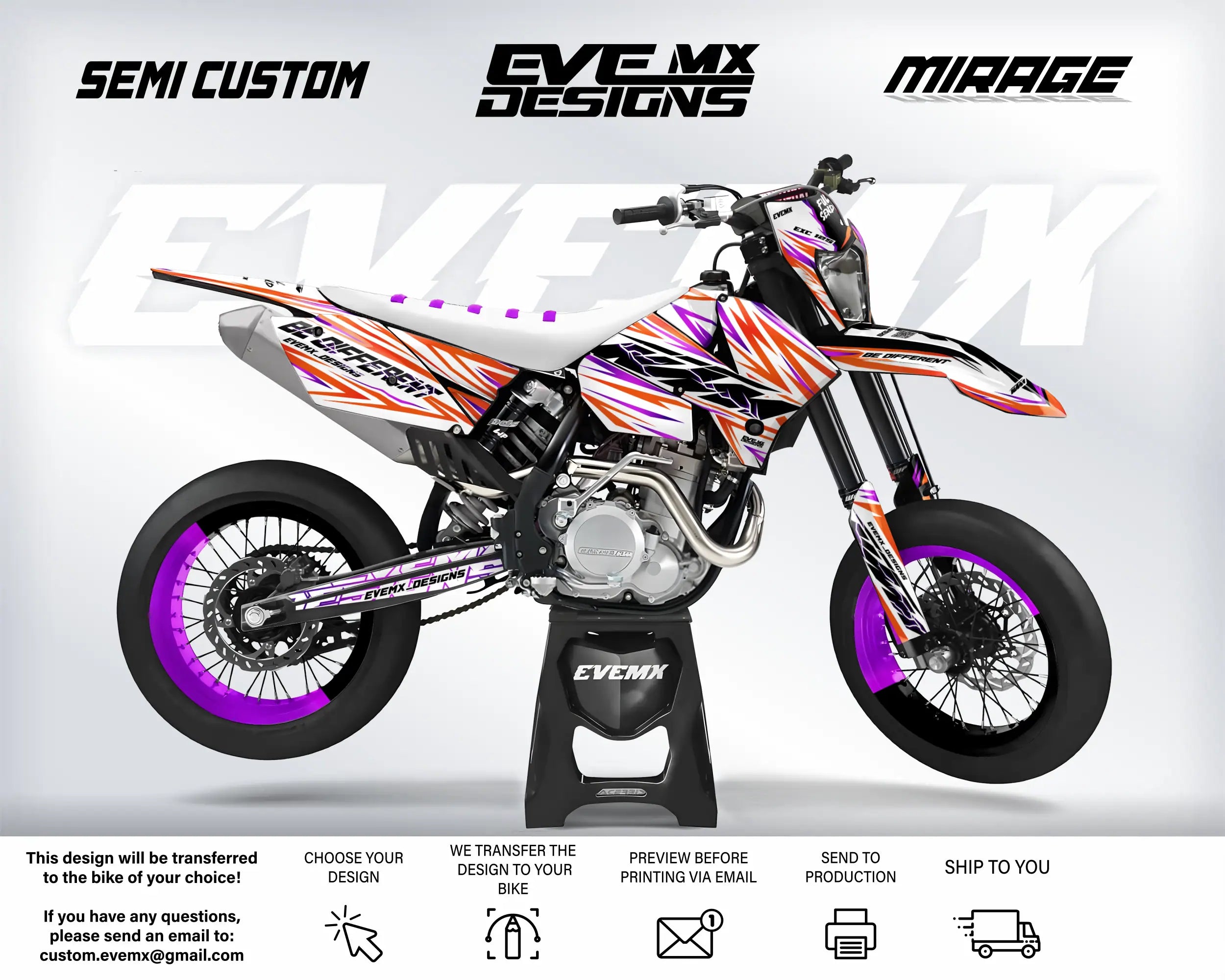 Customized dirt bike with colorful design on a white background, featuring 'EveMX Designs' branding.