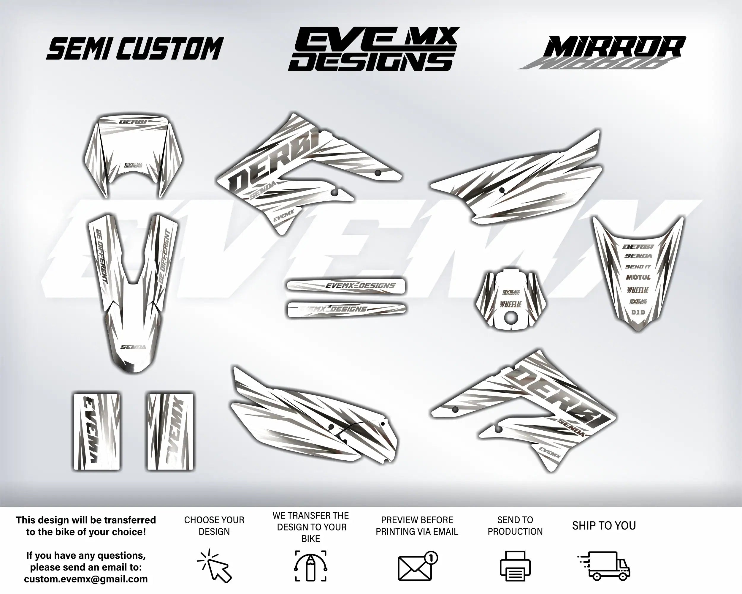 Collection of motorcycle graphics and decals with 'EveMX Designs' branding on a white background.