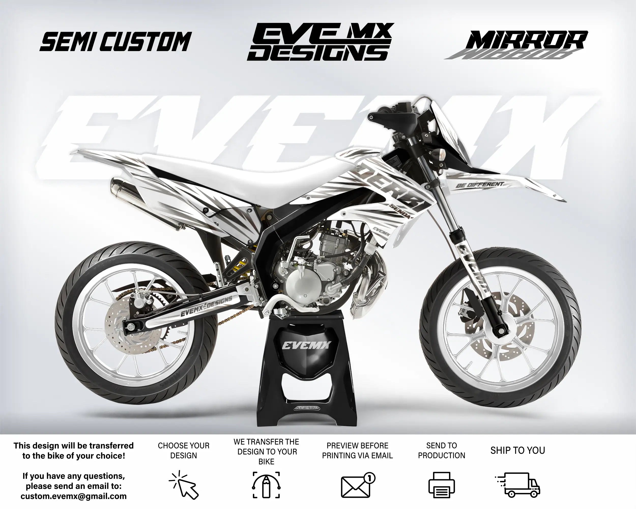 Motorcycle with 'EveMX Designs' branding on a white background