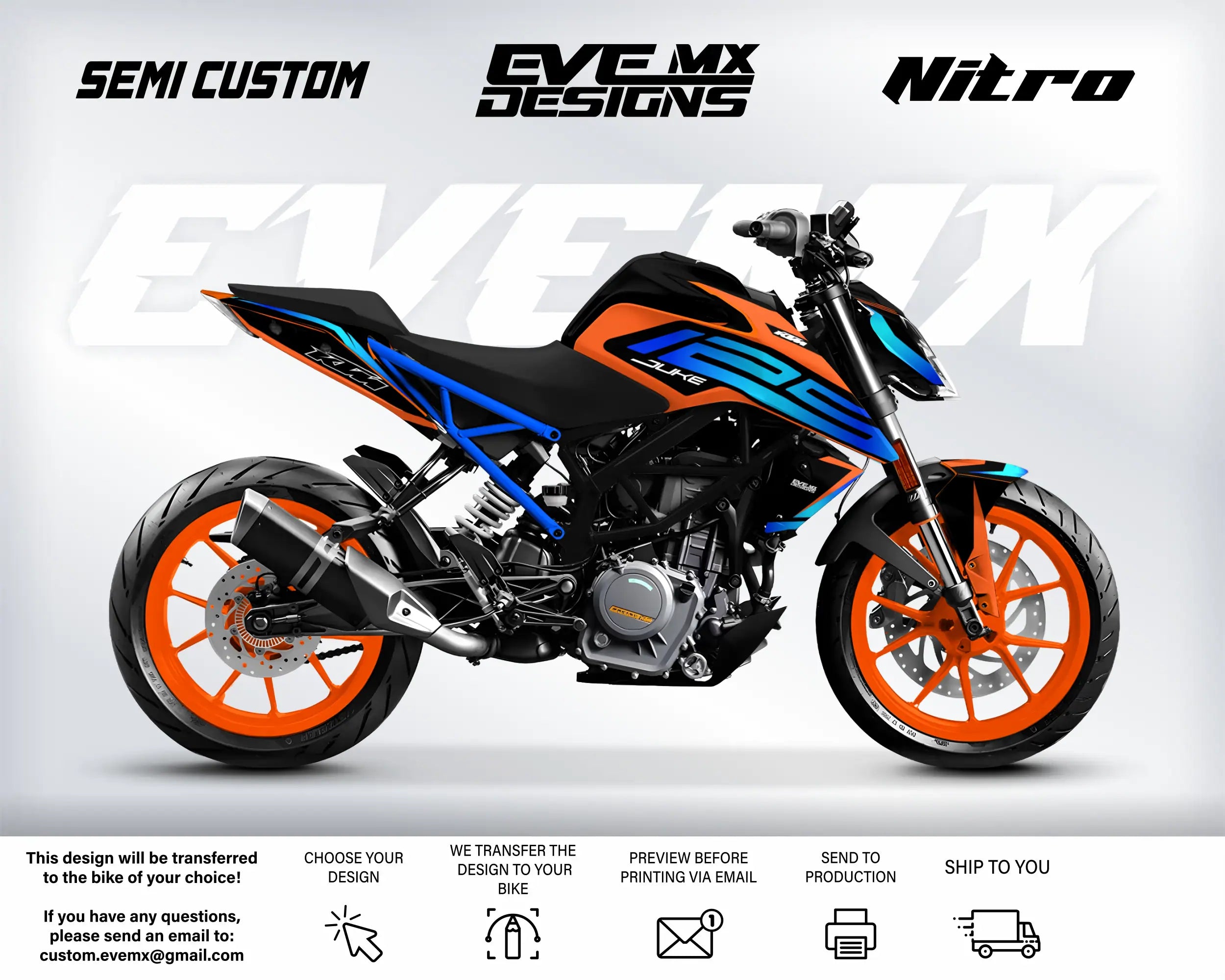Motorcycle with 'EVEMX Designs' branding on a white background