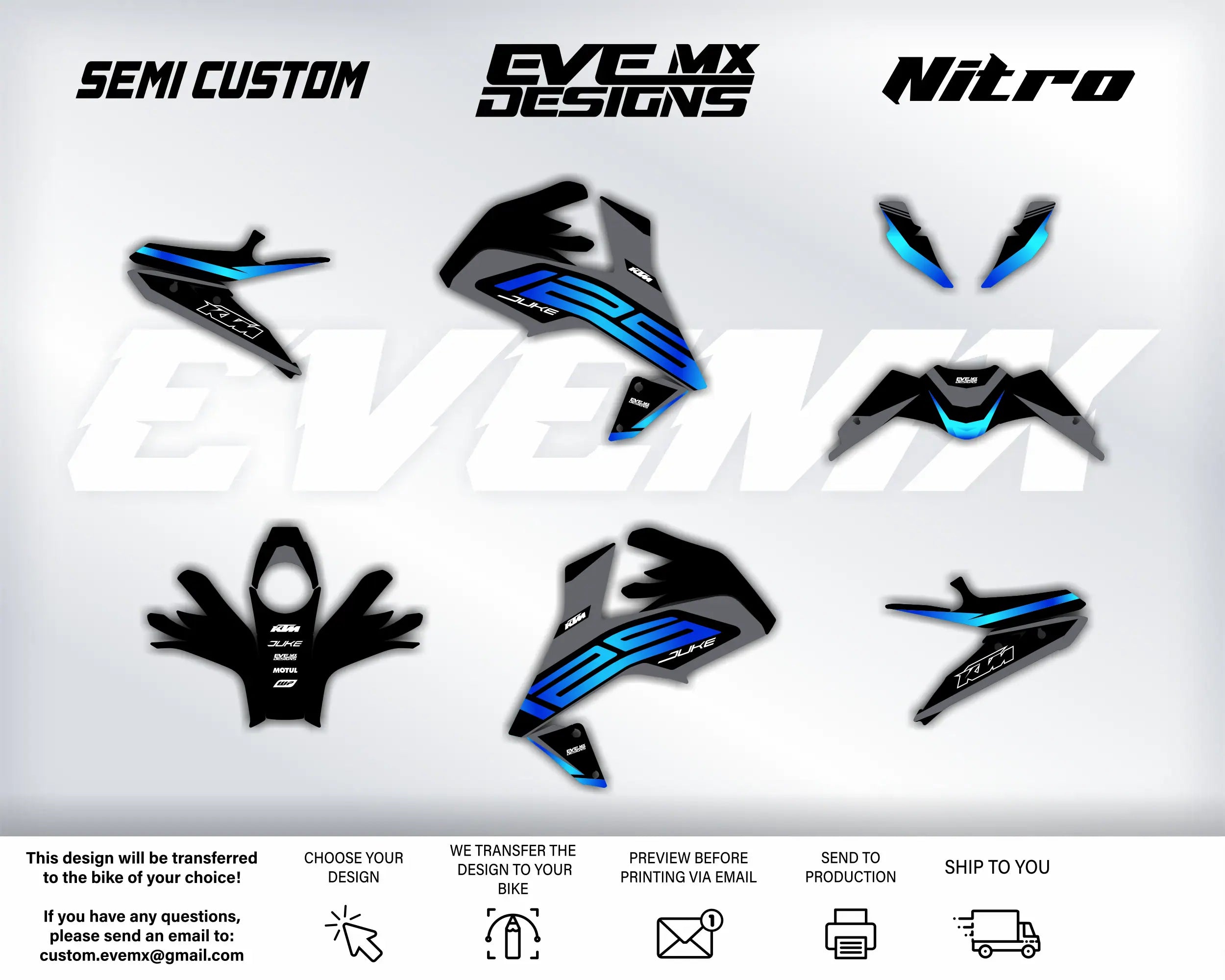 Collection of motorcycle decals with 'EVE MX Designs' branding on a white background.