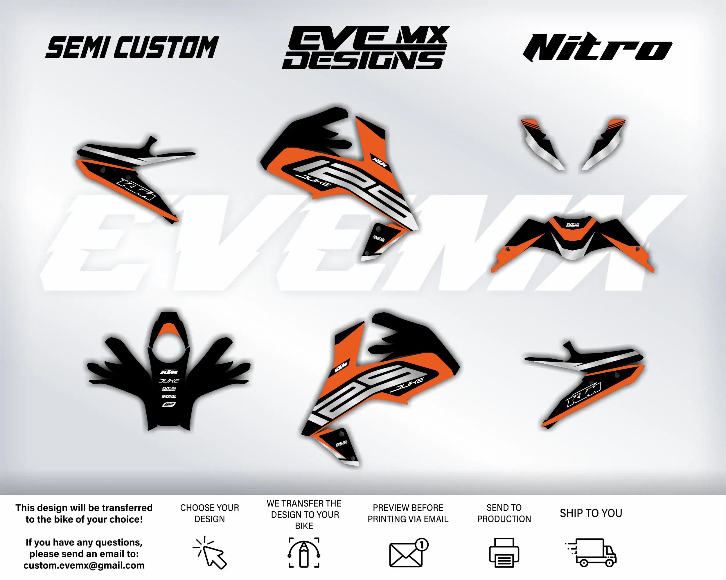 Collection of orange and black motorcycle decals with EveMX Designs branding on a white background