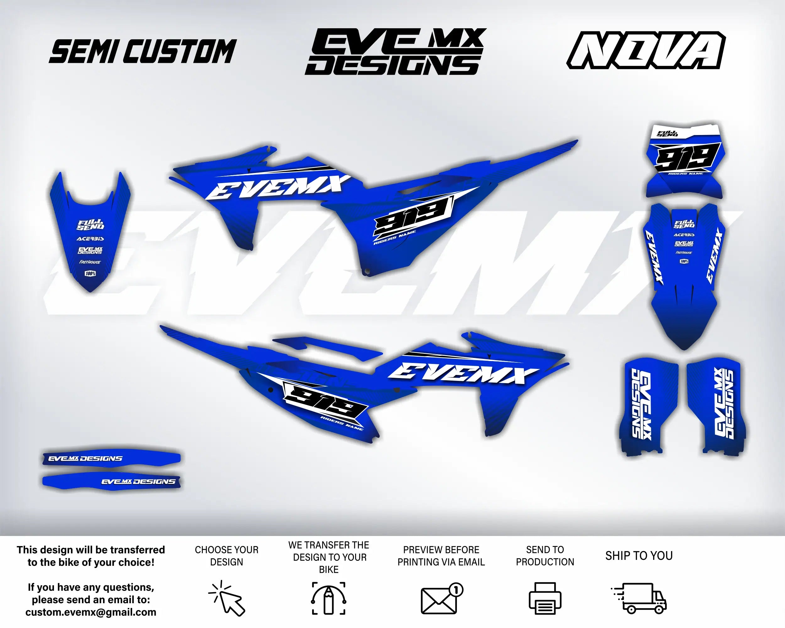 EVEMX Designs Nova custom bike graphics on a white background with brand names.