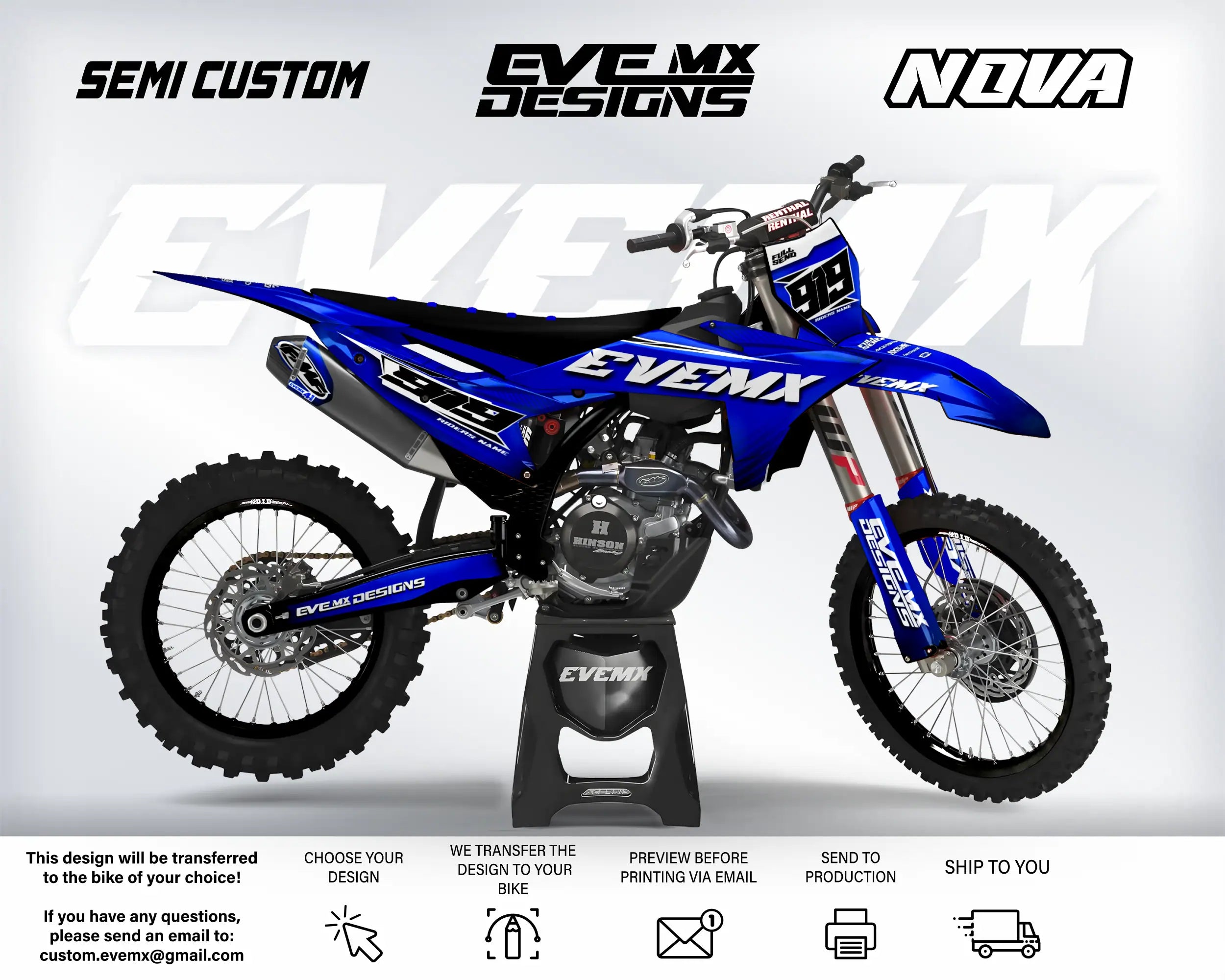 Blue dirt bike with 'EVEMX' branding on a white background, featuring the text 'Semi Custom', 'EVEMMX Designs', and 'NOVA'.