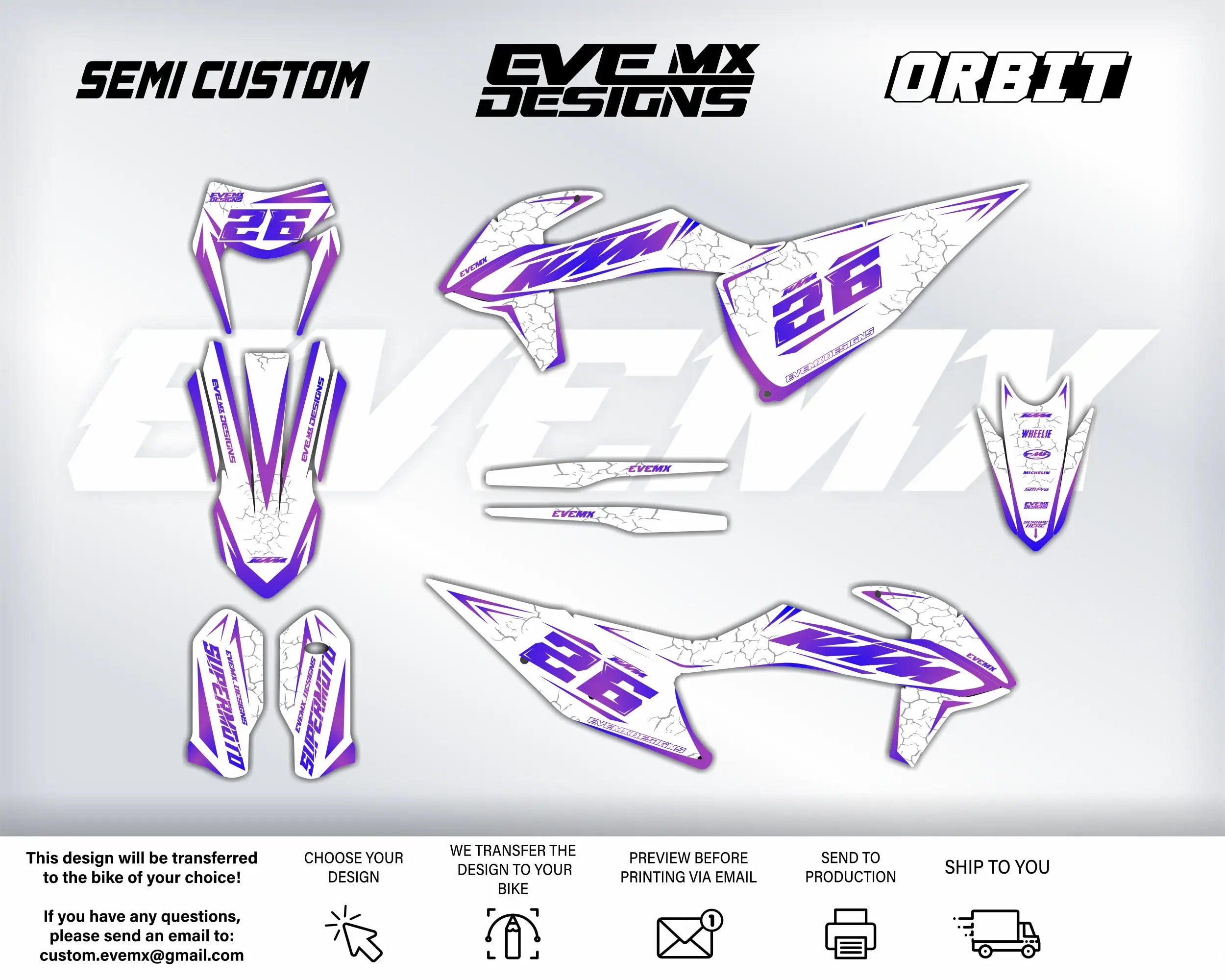 Motorcycle decals with design elements and EveMx Designs branding on a white background