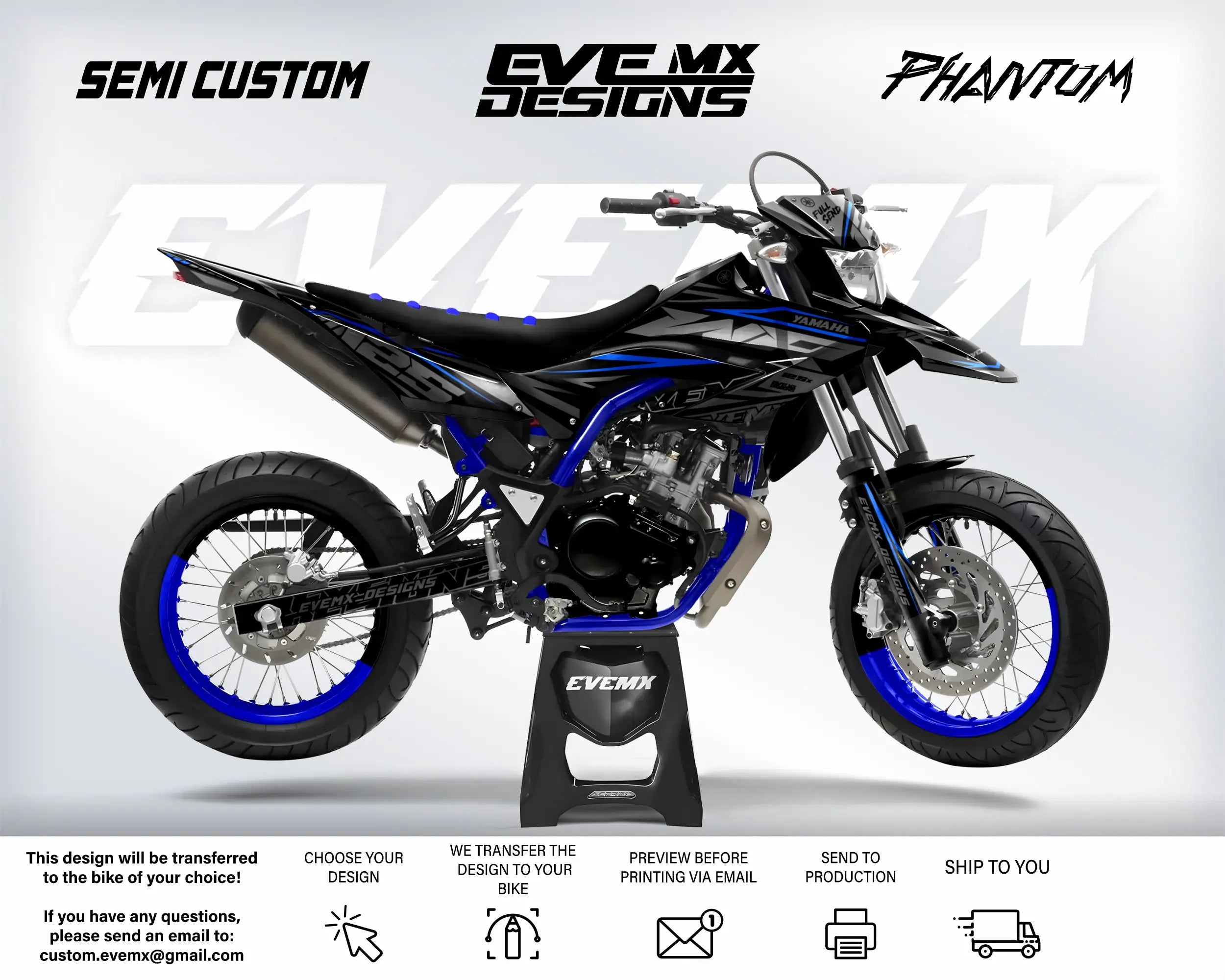 Motorcycle with 'EveMX Designs' branding on a white background