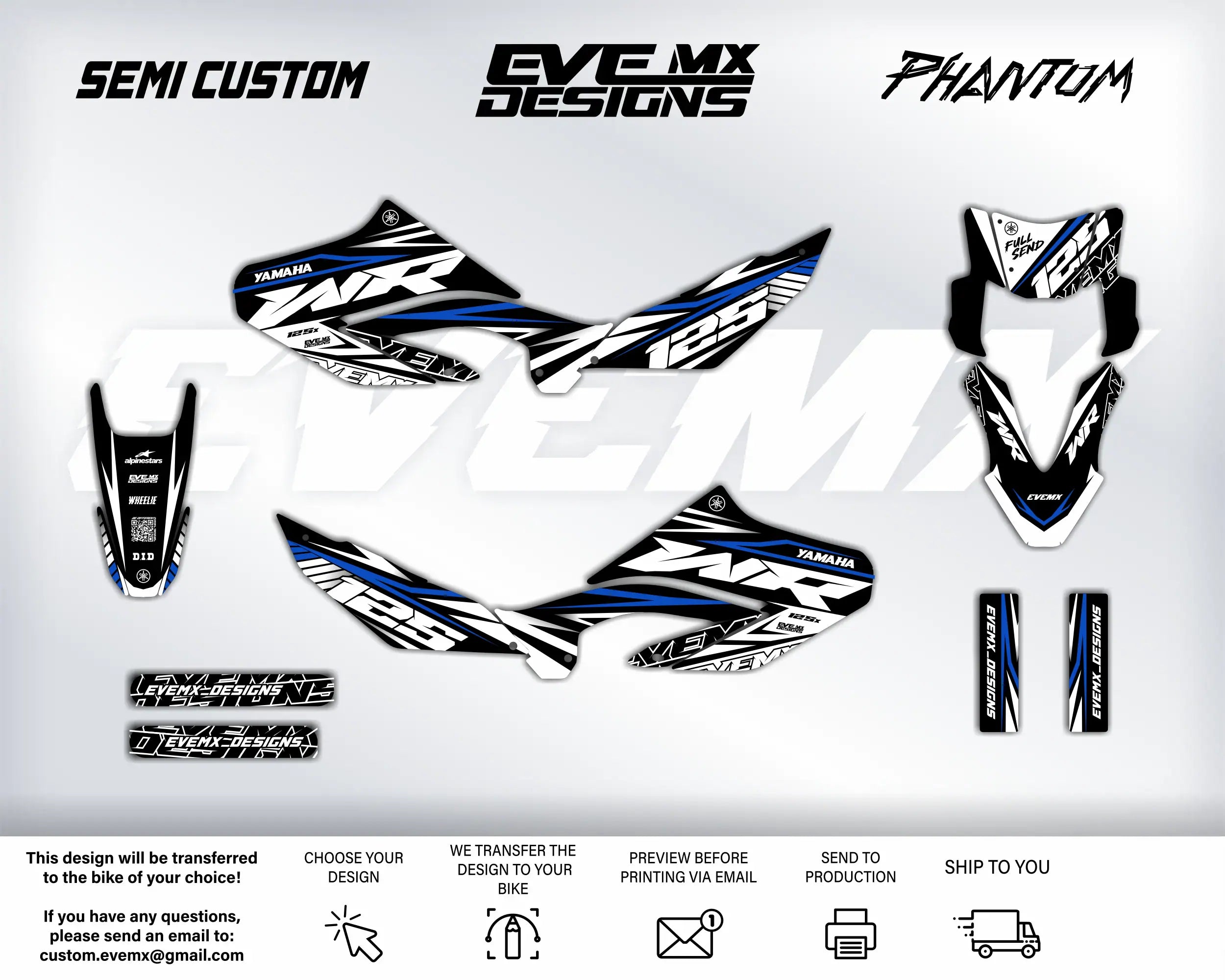 Motorcycle decals with 'EveMX Designs' branding on a white background
