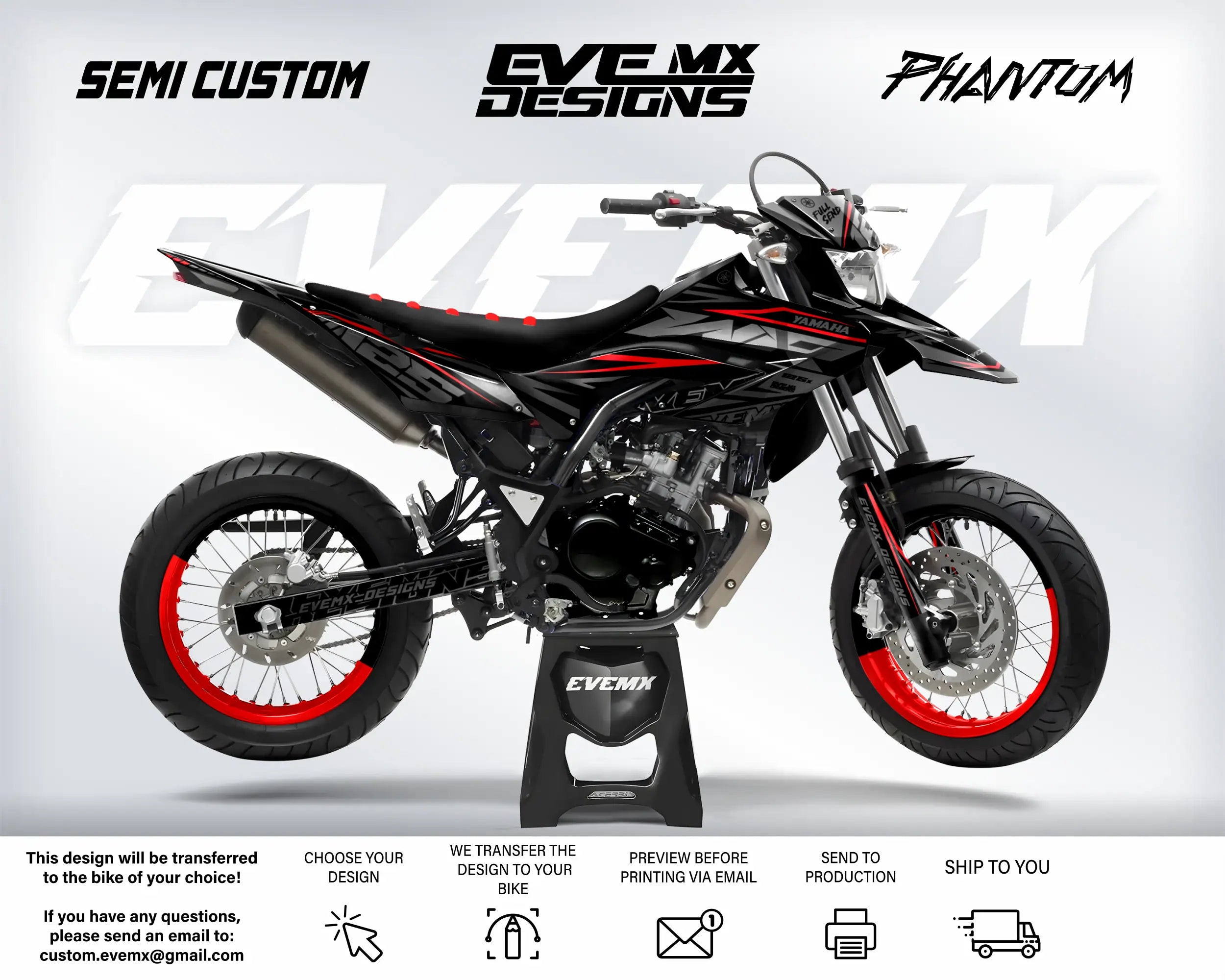 Motorcycle with 'EveMX Designs' branding on a white background