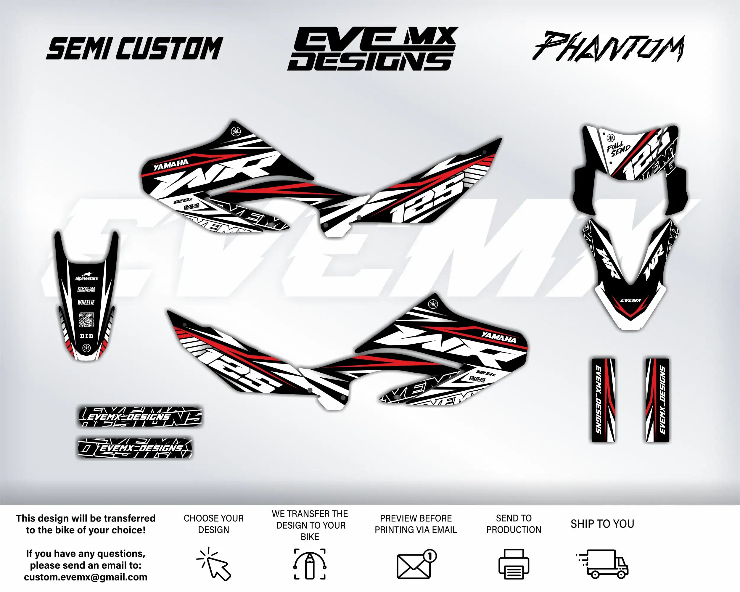 Motorcycle wrap design kit with EveMx Designs branding and product details on a white background