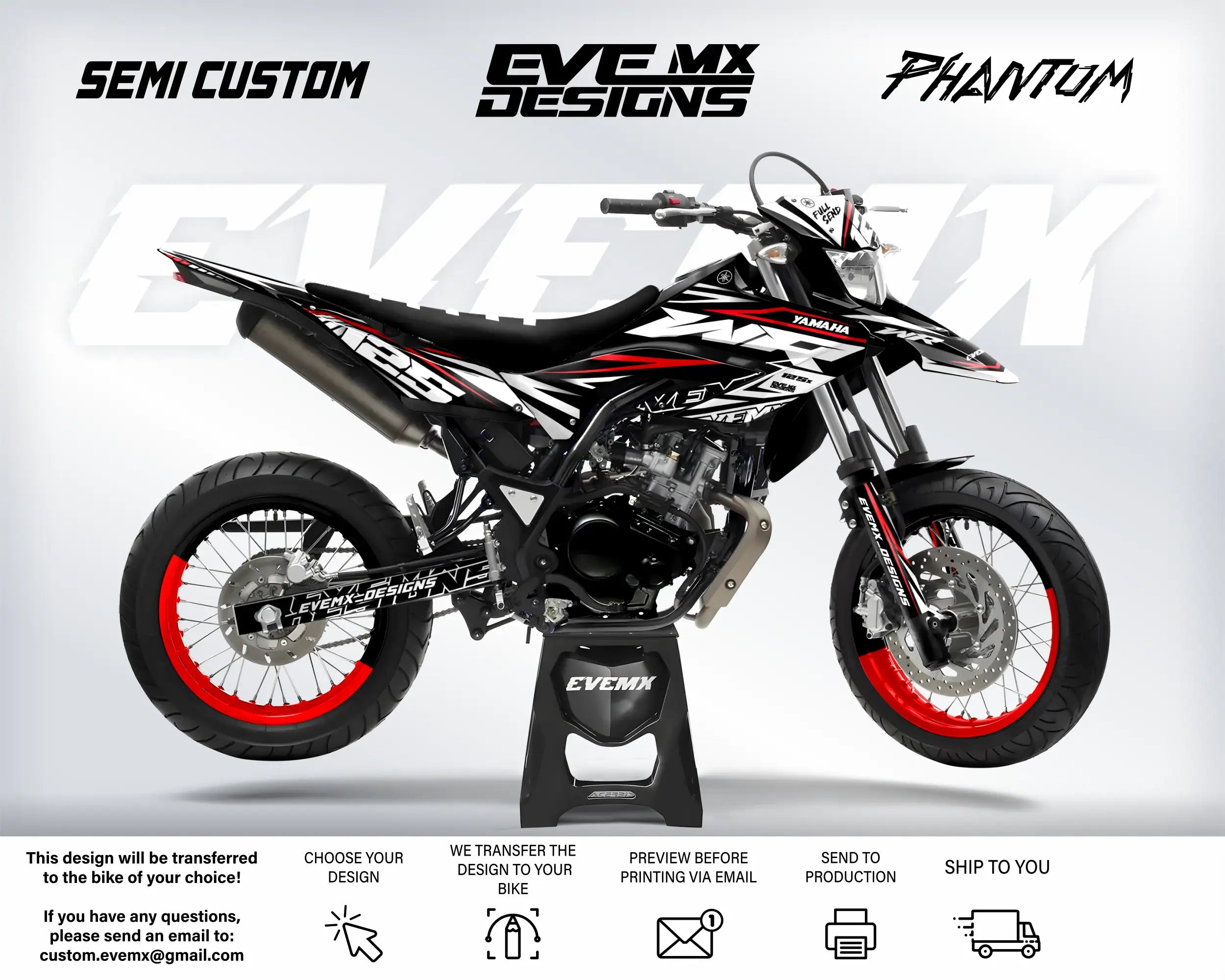 Motorcycle with 'EveMX Designs' branding on a white background