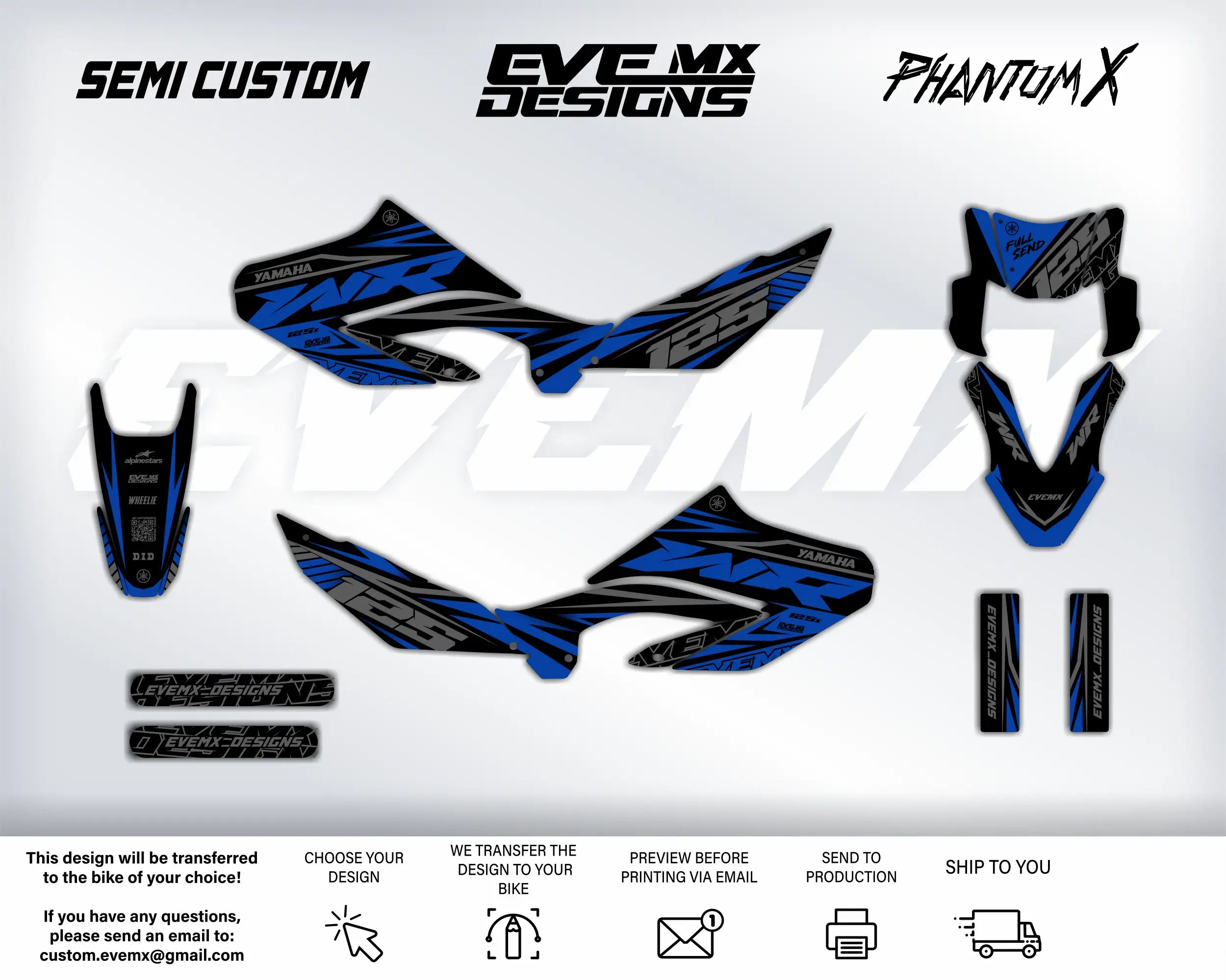 Motorcycle wrap design kit with 'Semi Custom', 'EveMX Designs', and 'Phantom X' branding on a white background.