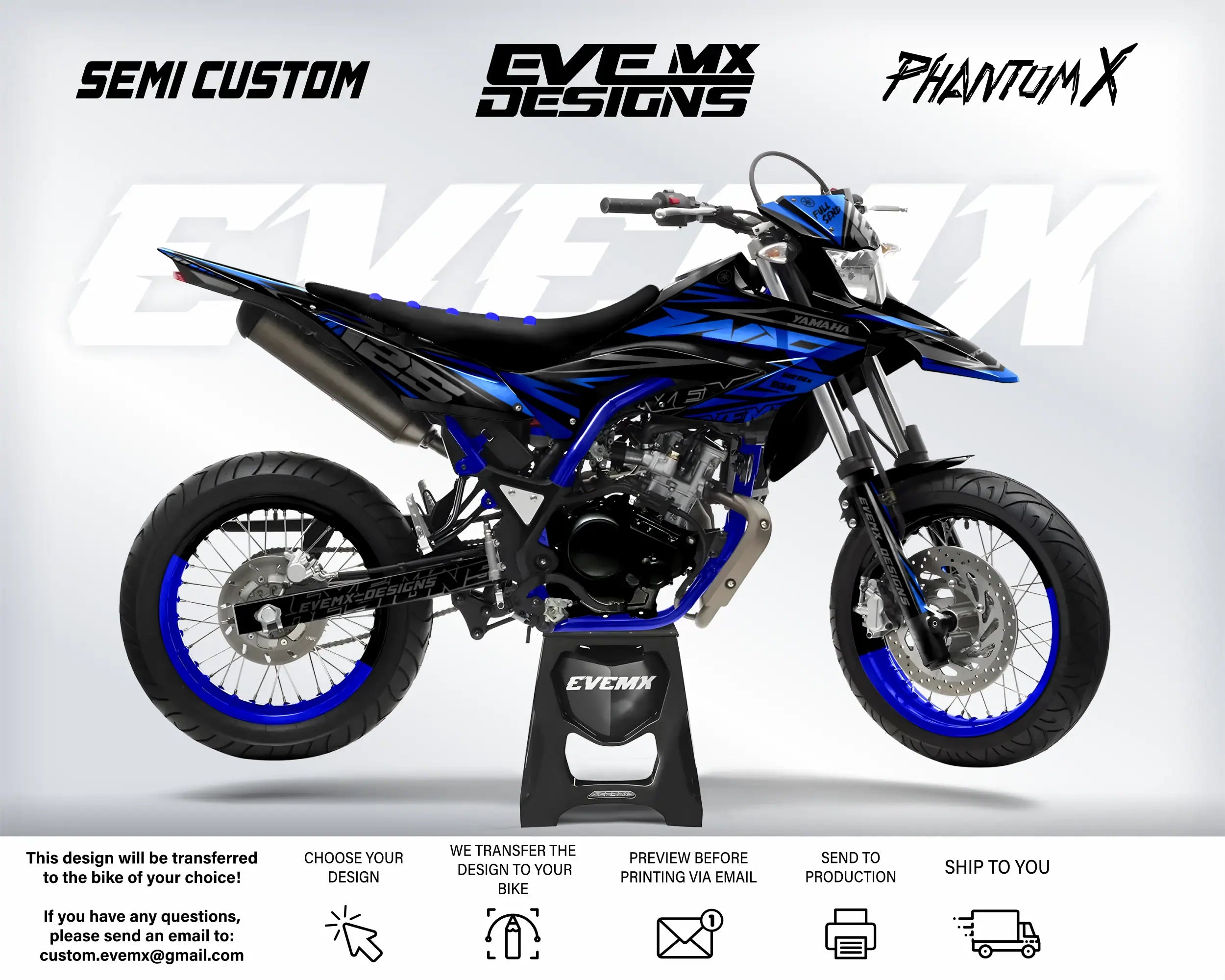 Motorcycle with 'EveMX Designs' branding on a white background